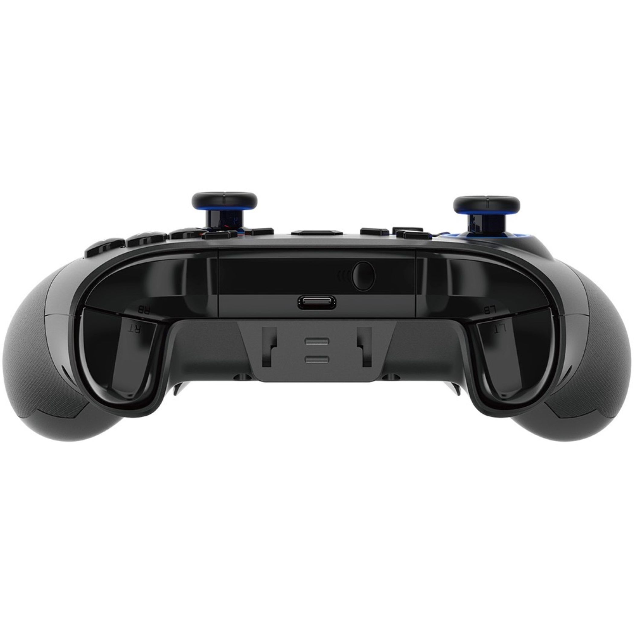 Schwarzer Controller mit blauen Akzenten, Ansicht von oben, mit Sticks und Tasten.