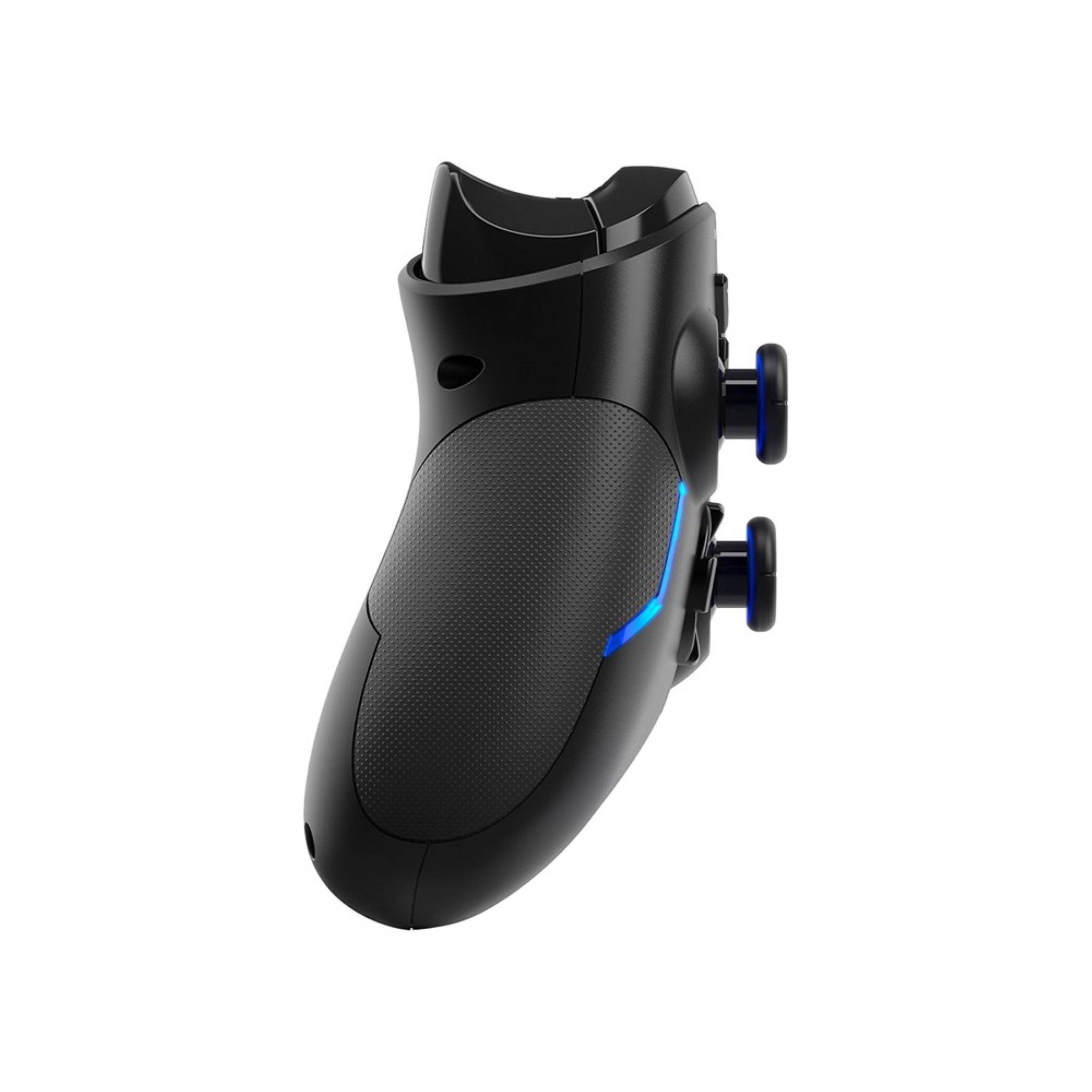 Schwarzer Gamecontroller-Griff mit blauen Akzenten und zwei Joysticks.