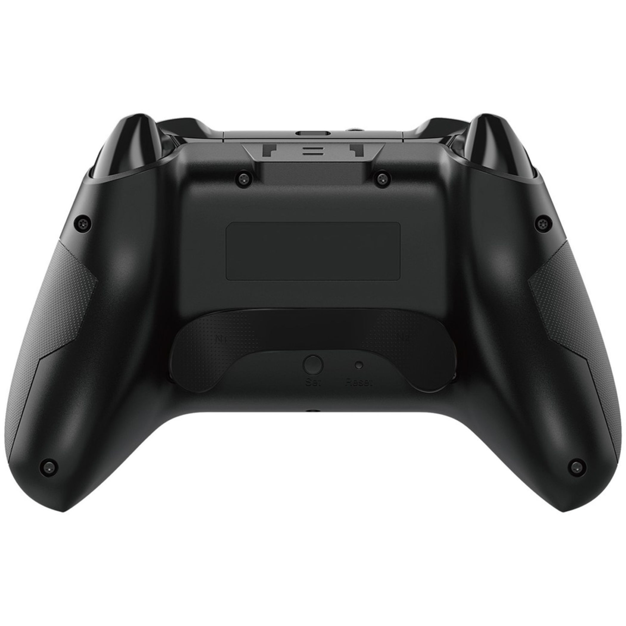 Rückseite eines schwarzen Controllers mit Grifftextur und Tasten.