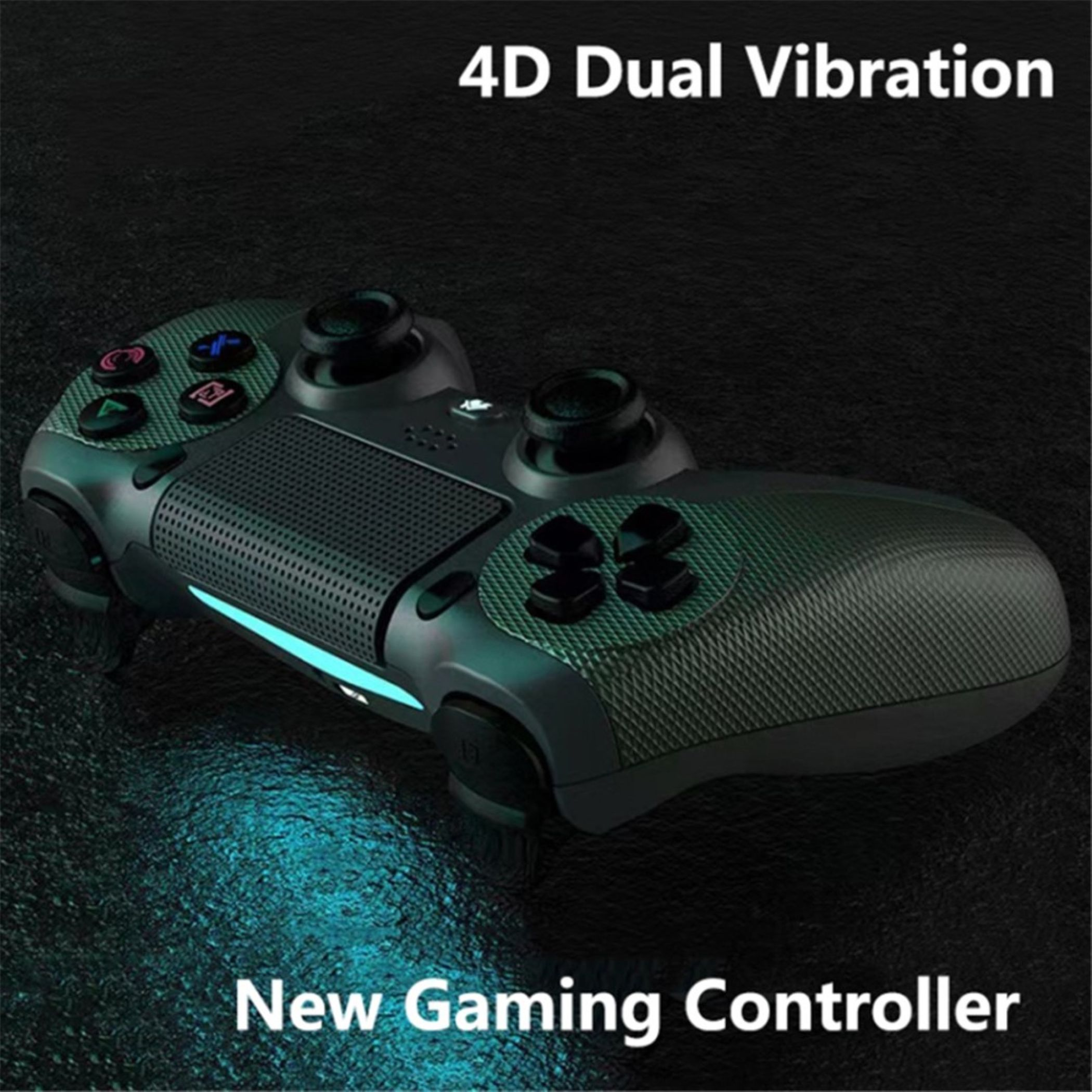Dunkelgrauer Gaming-Controller mit blauen Akzenten, auf schwarzem Hintergrund.