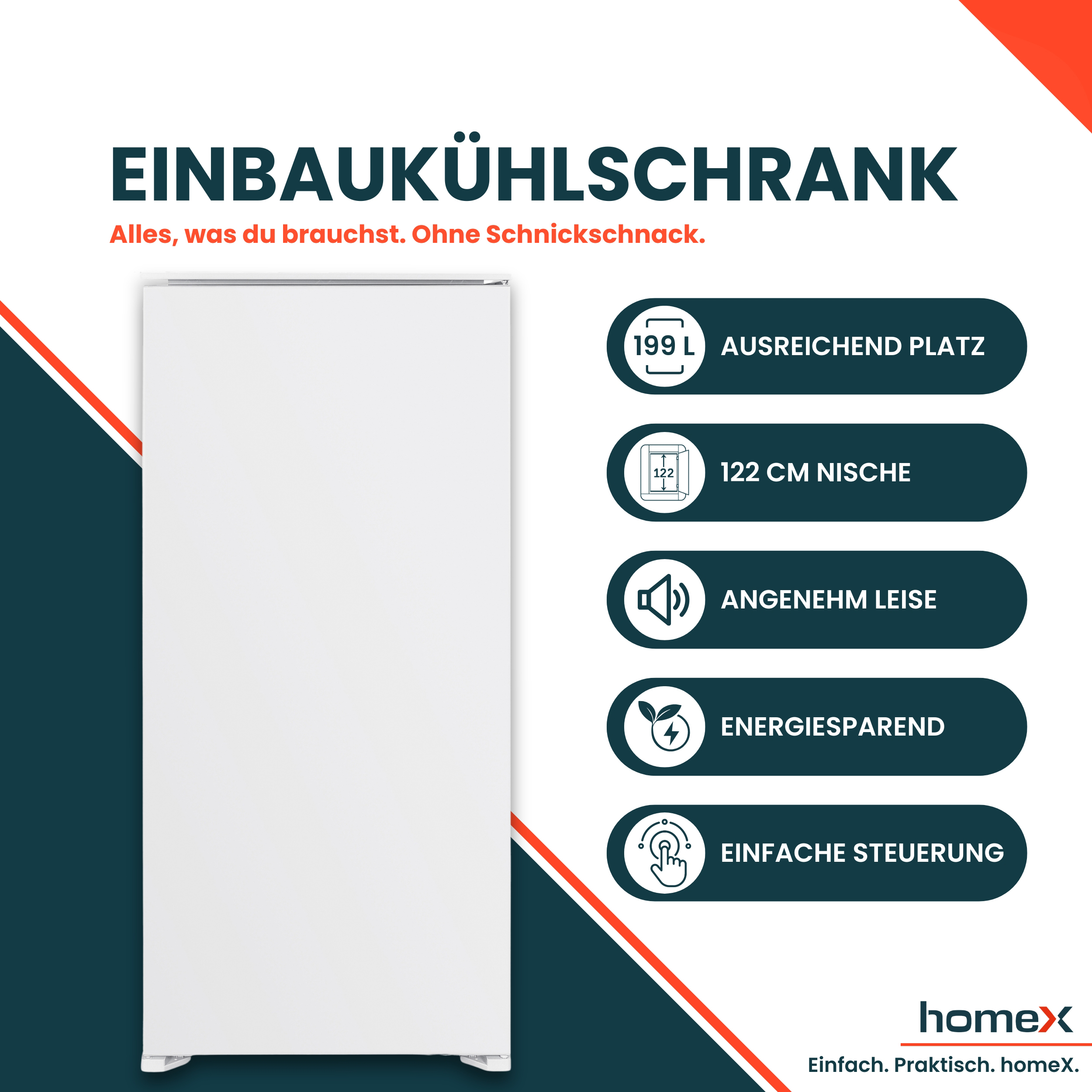 Ein weißer Einbaukühlschrank mit Informationen zu Kapazität und Maßen.