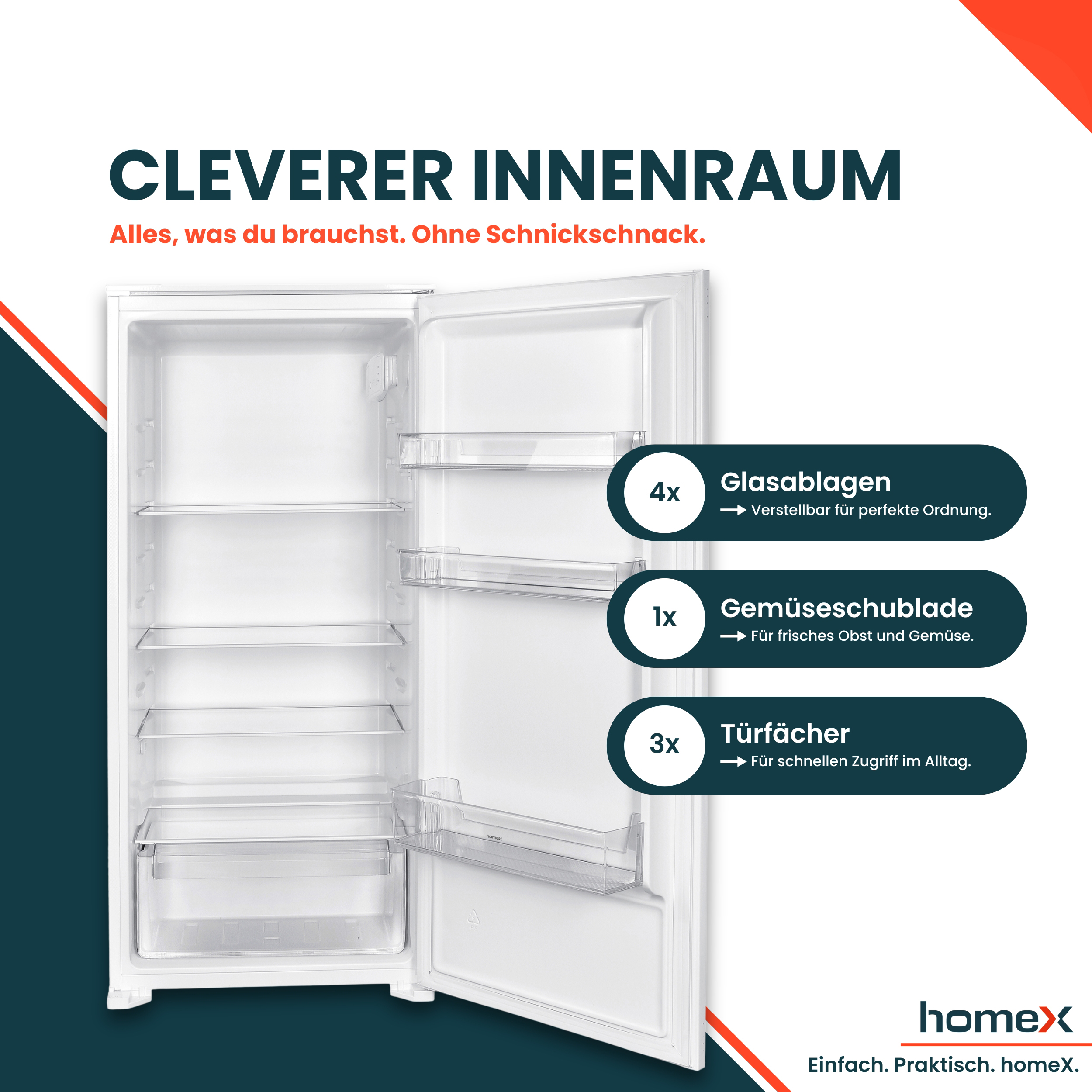 Ein weißer Kühlschrank mit offener Tür, innen leer, mit Glasböden und Schubladen.