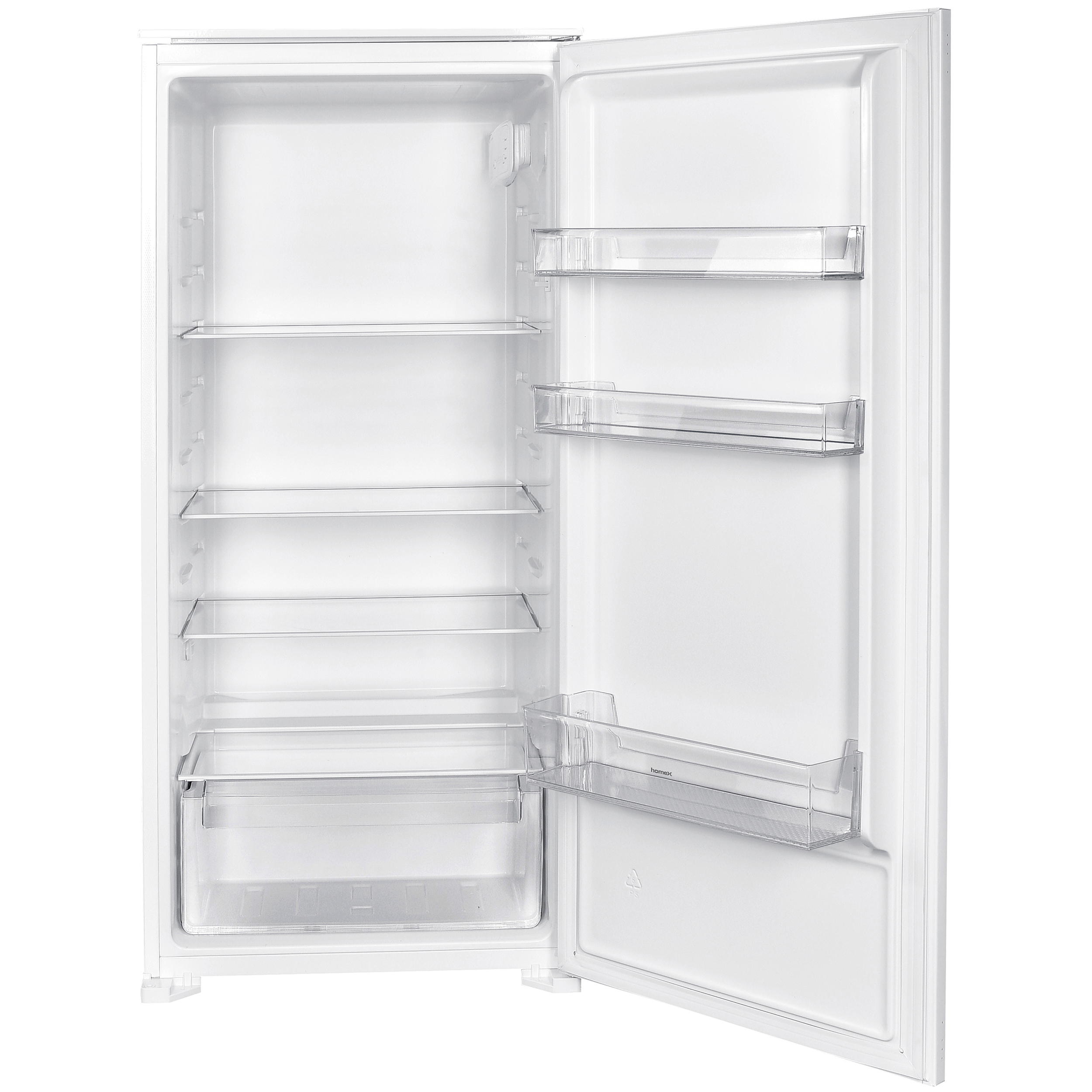 Ein leerer weißer Kühlschrank mit offenen Türen und Regalen.