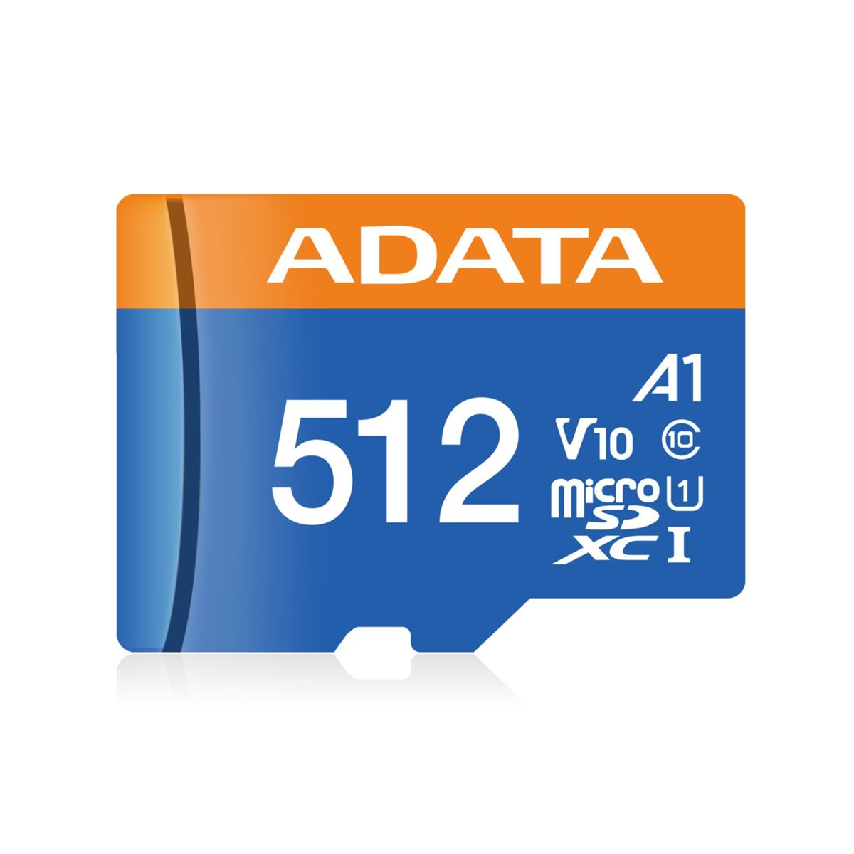Karta pamięci ADATA 512GB A1 V10 microSDXC I w kolorze niebiesko-pomarańczowym.