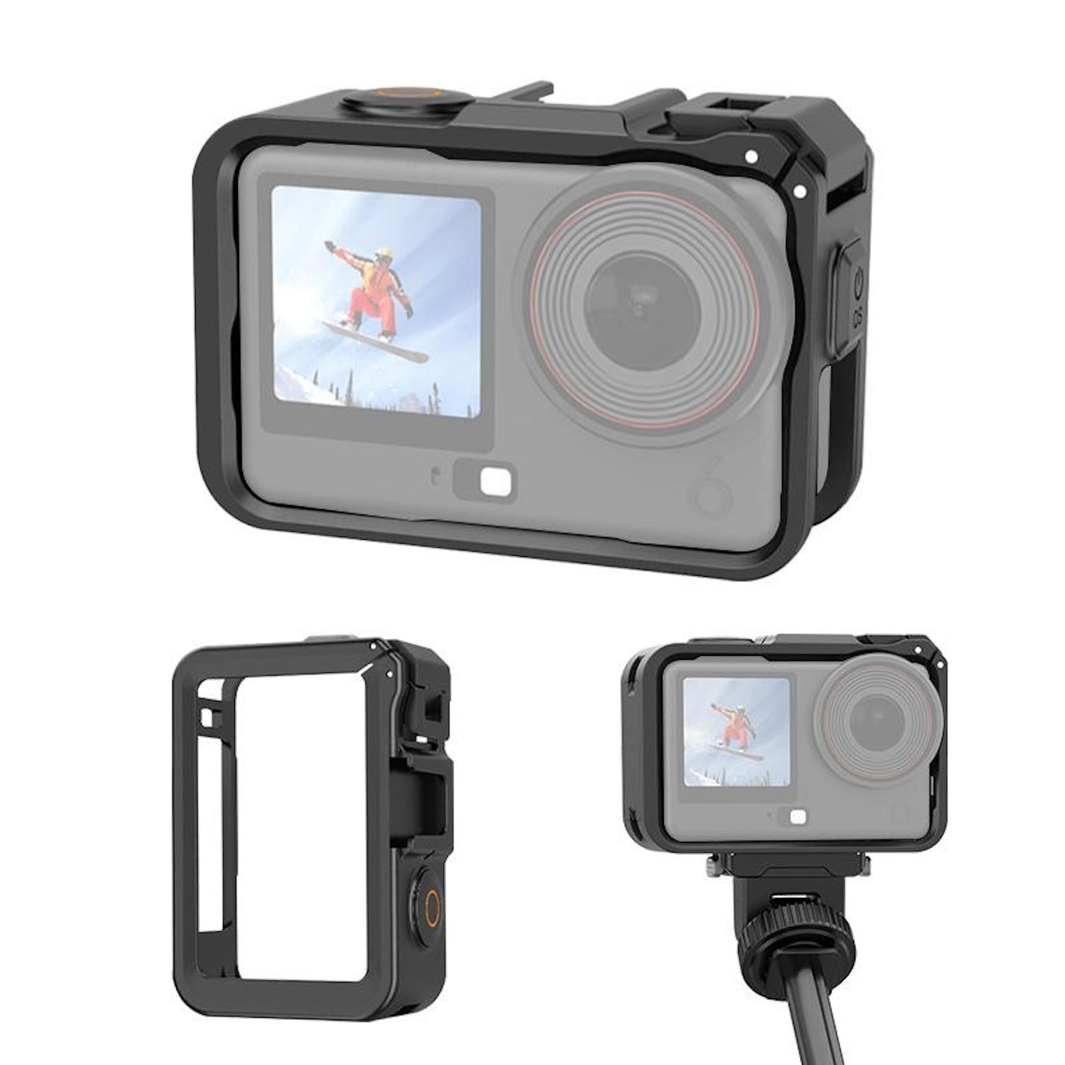 Action camera in cornice protettiva nera con snowboarder sullo schermo.