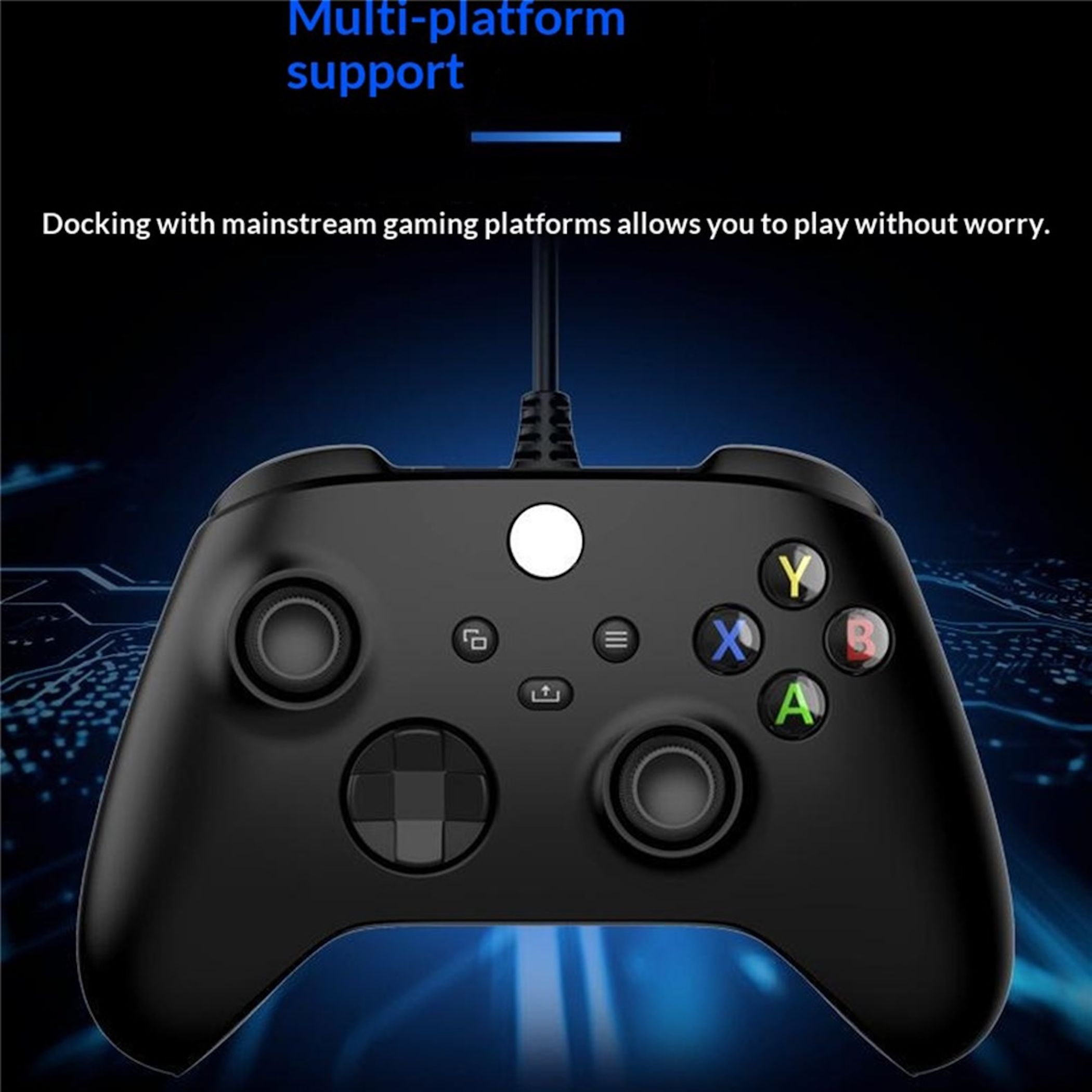 Schwarzer Gaming-Controller mit bunten Tasten und einem Kabel auf dunkelblauem Hintergrund.