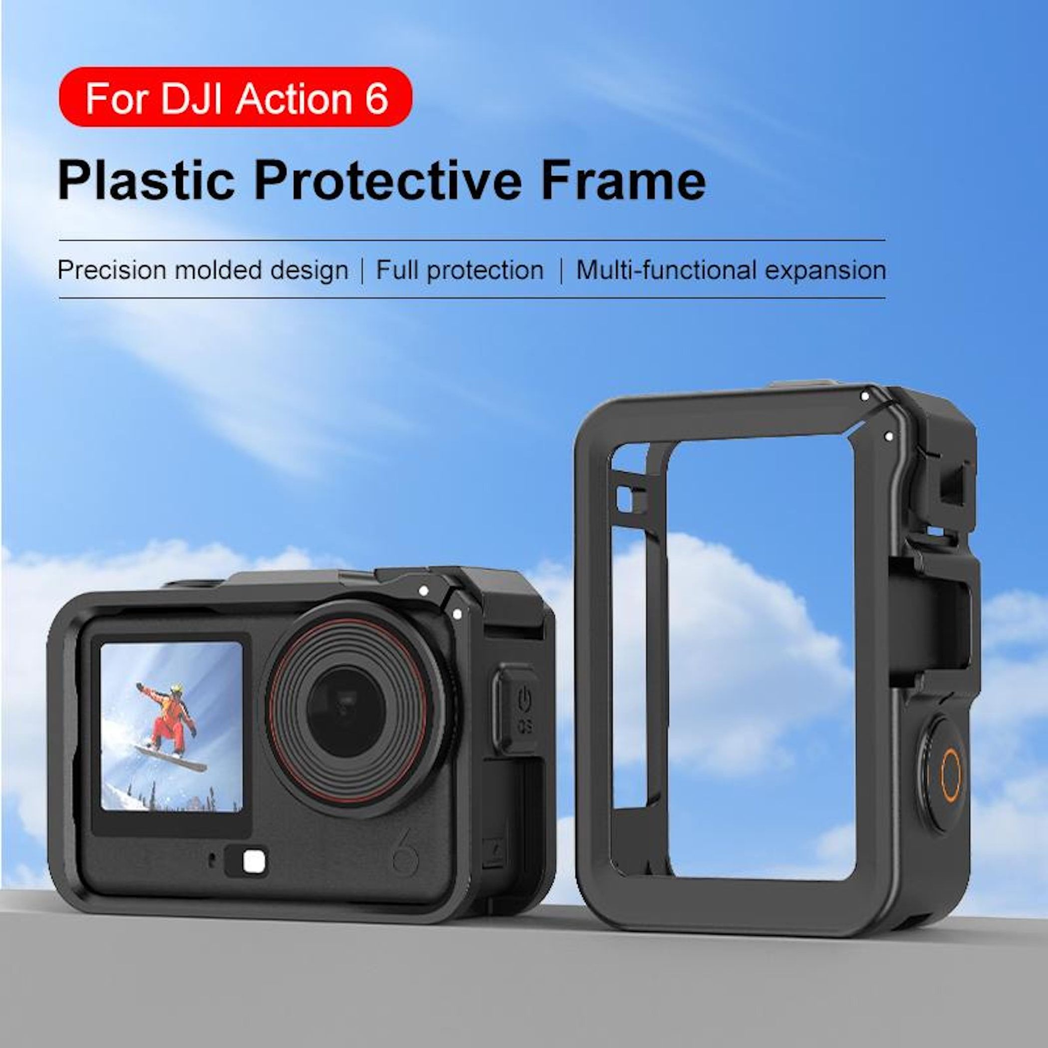 Telaio protettivo nero per fotocamera DJI Action 6 accanto alla fotocamera.