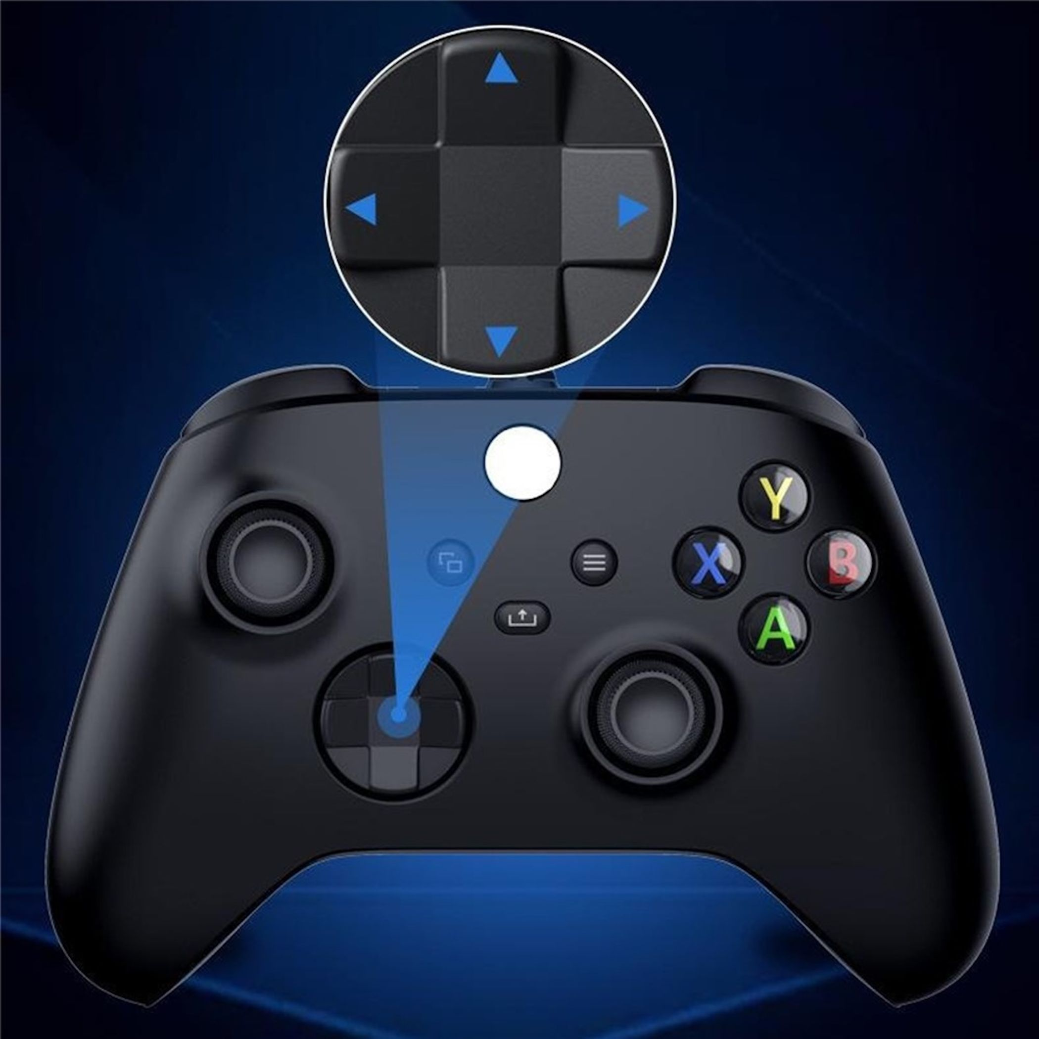 Schwarzer Controller mitana- und Steuerkreuz, mit blauen Pfeilen hervorgehoben.