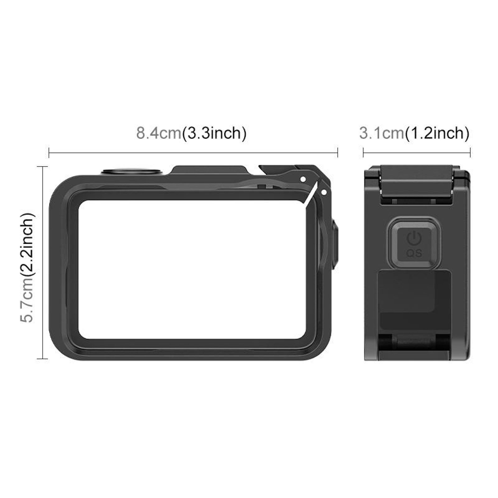 Due action cam nere con dimensioni: 8,4x5,7cm e 3,1cm di larghezza.