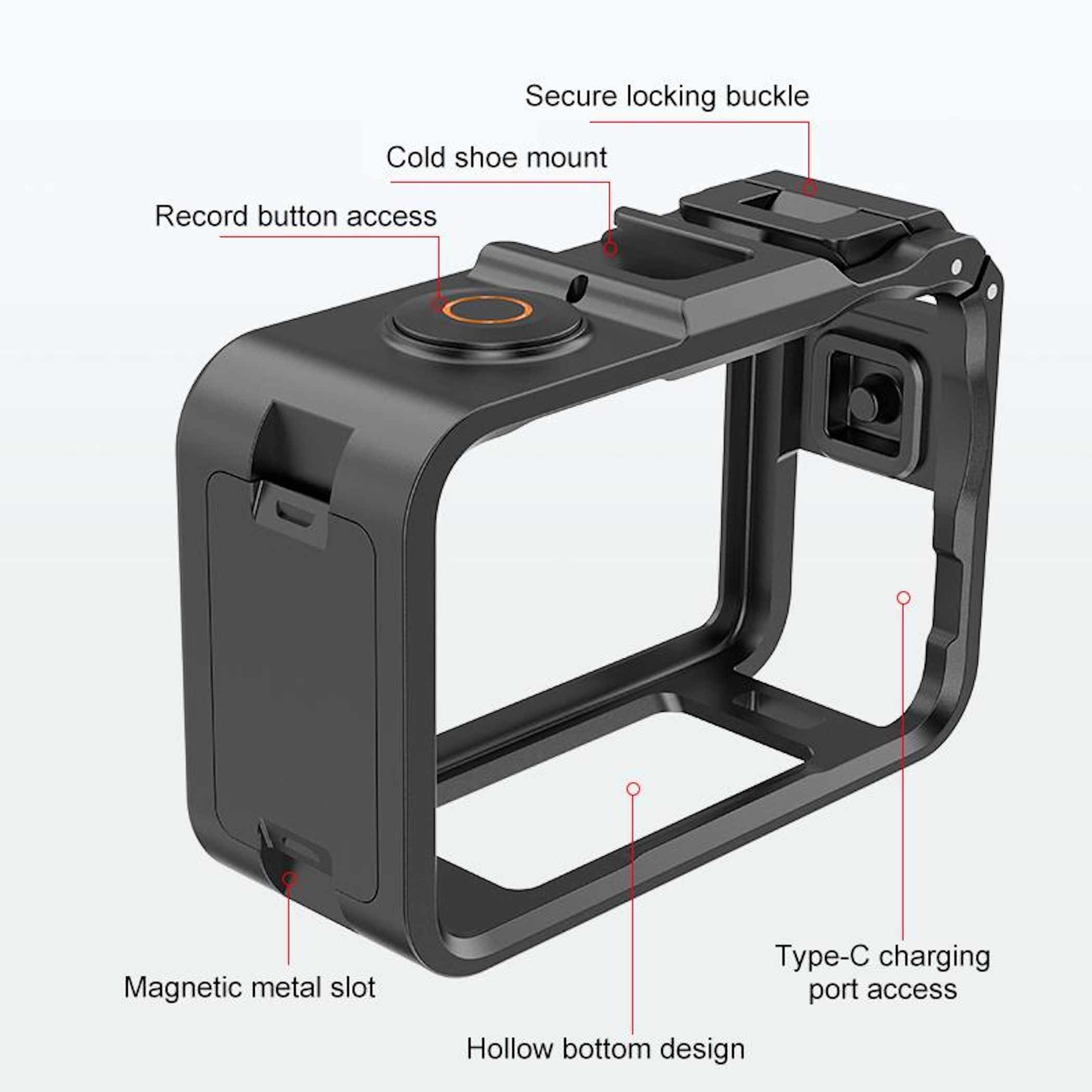 Gabbia nera per fotocamera con porte e supporti.