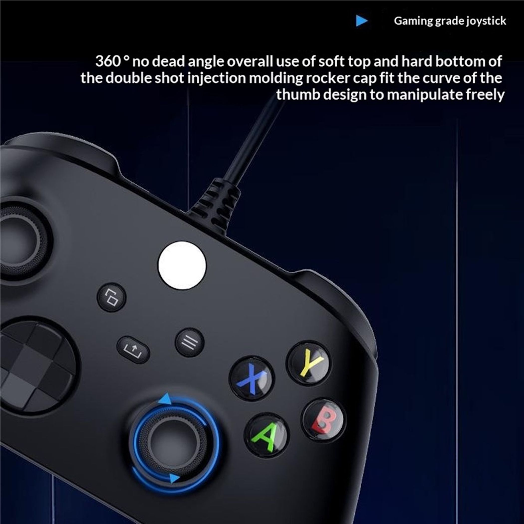Schwarzer Gaming-Controller mit weißen, blauen, grünen und gelben Tasten.