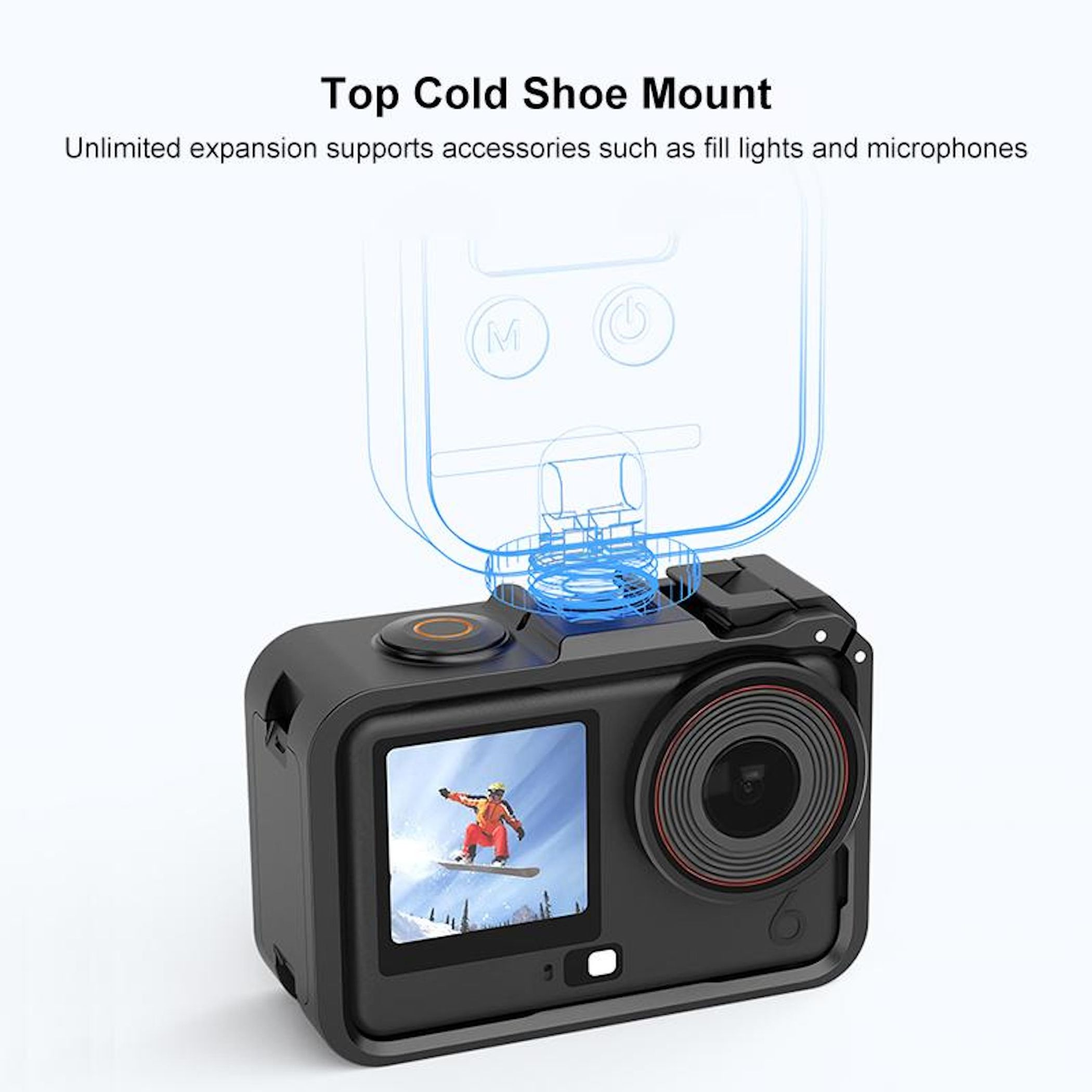Action cam con slitta fredda superiore per accessori come luci e microfoni.