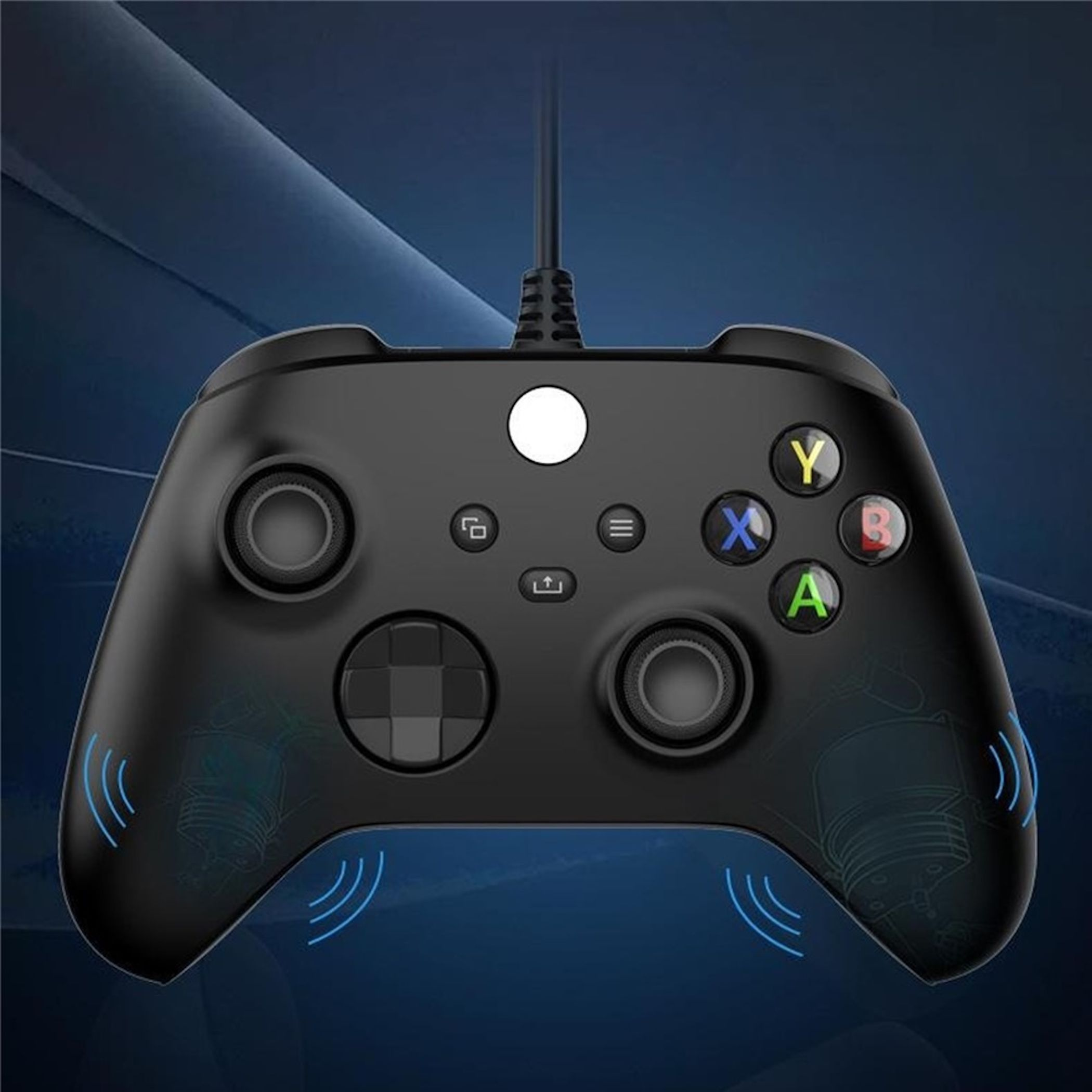 Schwarzer Gaming-Controller mit blauem Hintergrund und Linienmuster.