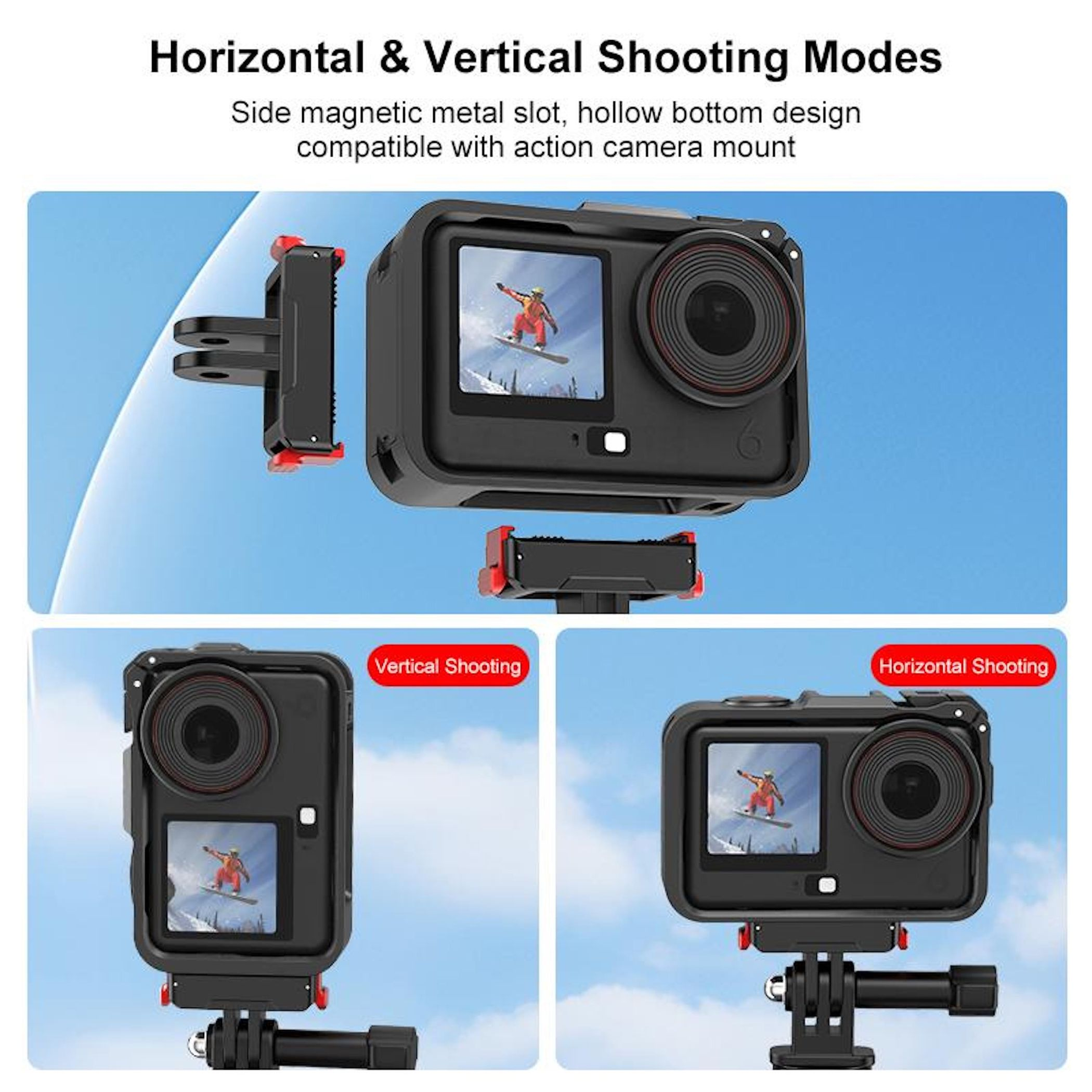 Action camera in modalità orizzontale e verticale con snowboarder sullo schermo.