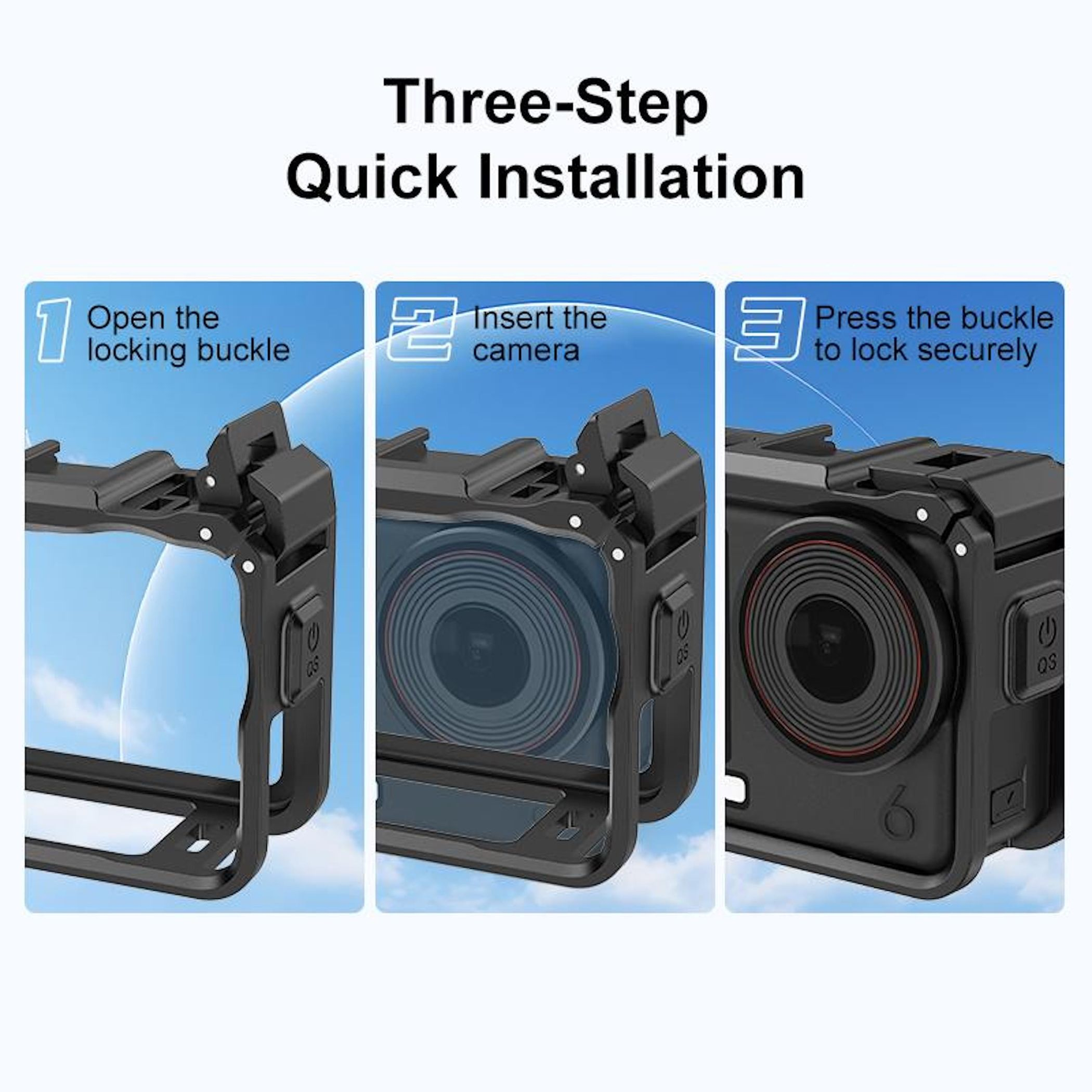 Guida rapida all'installazione in tre fasi: aprire fibbia, inserire fotocamera, premere fibbia.