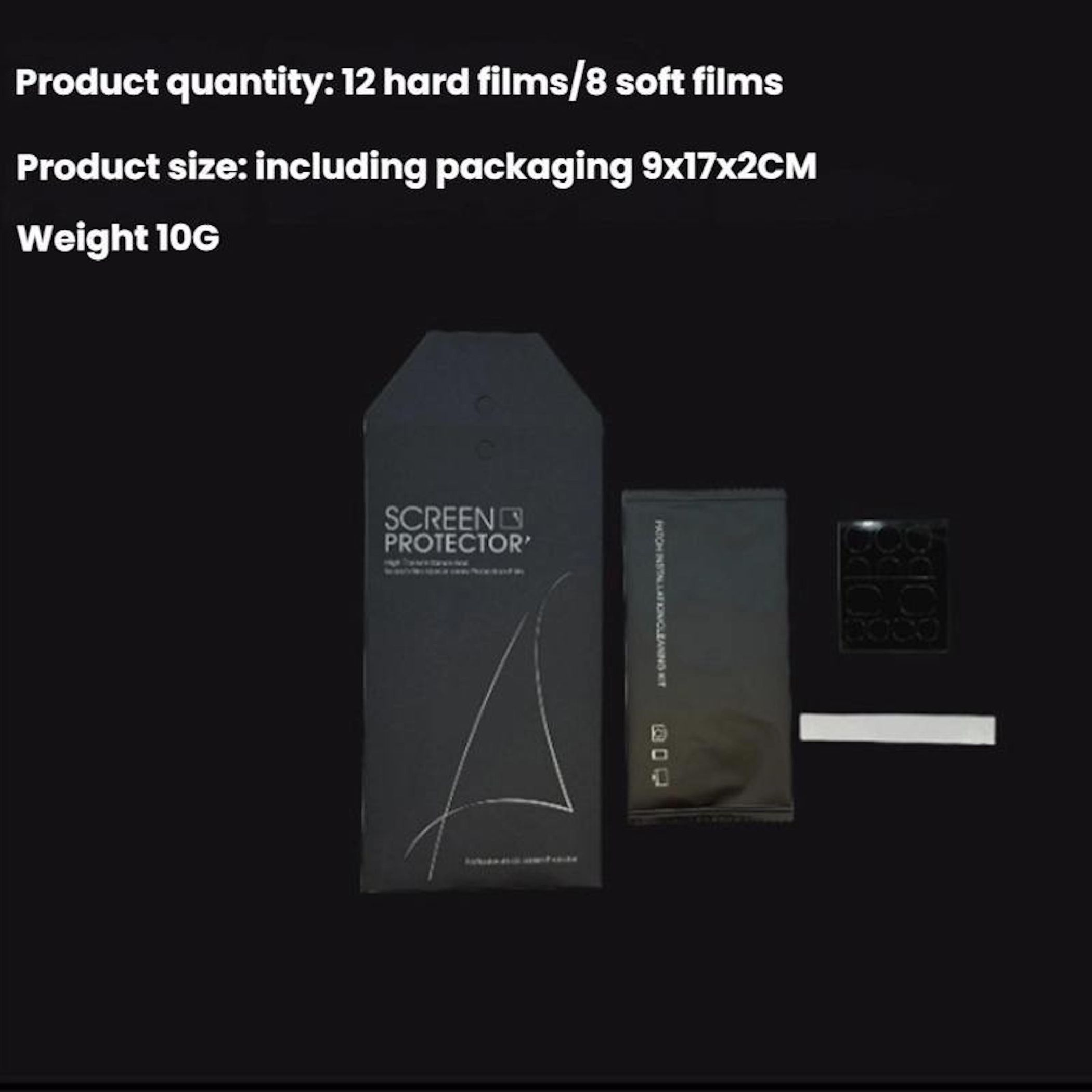 Prodotto: kit pellicole protettive schermo con 12 rigide, 8 morbide, kit pulizia.
