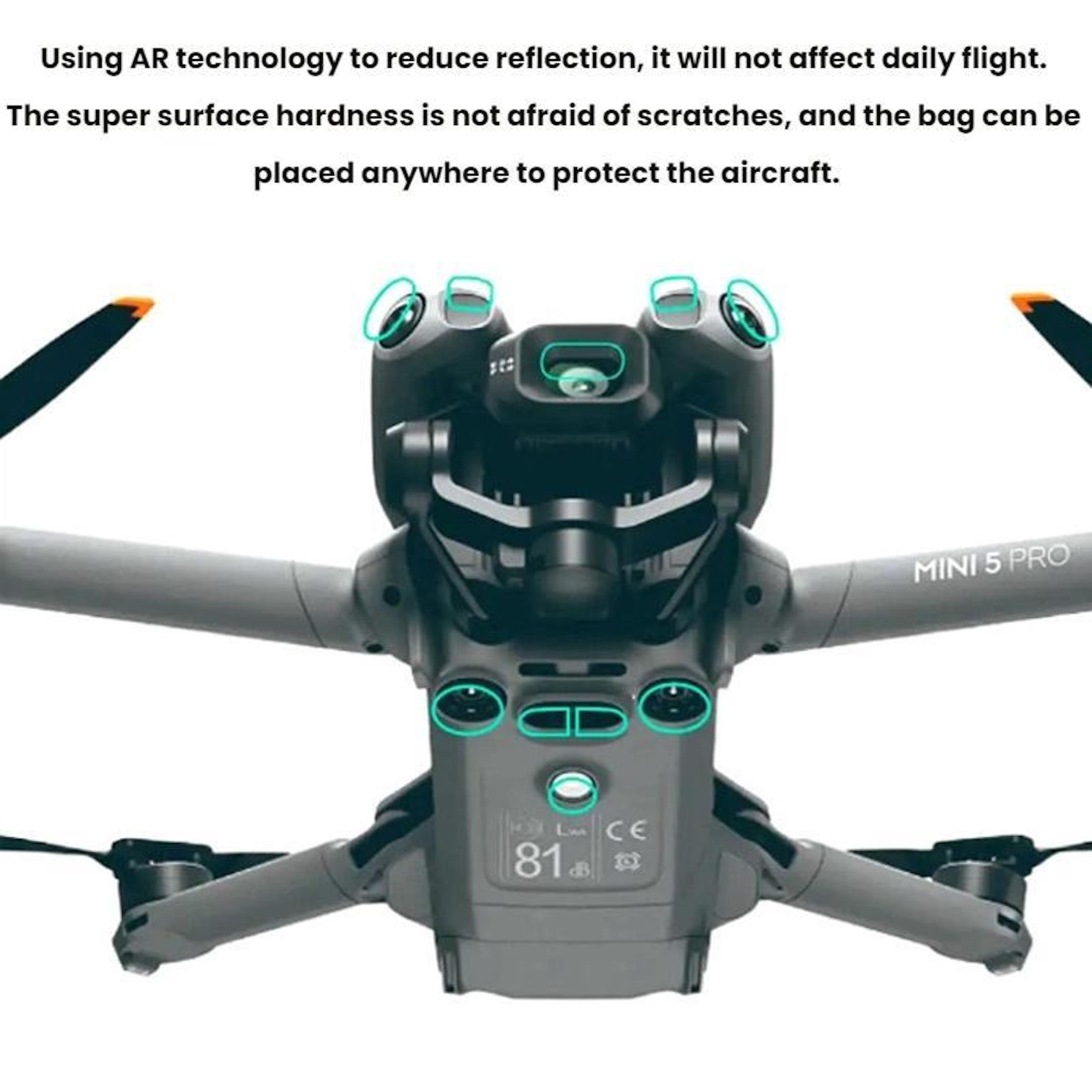 Drone DJI Mini 5 Pro grigio con eliche e telecamere.