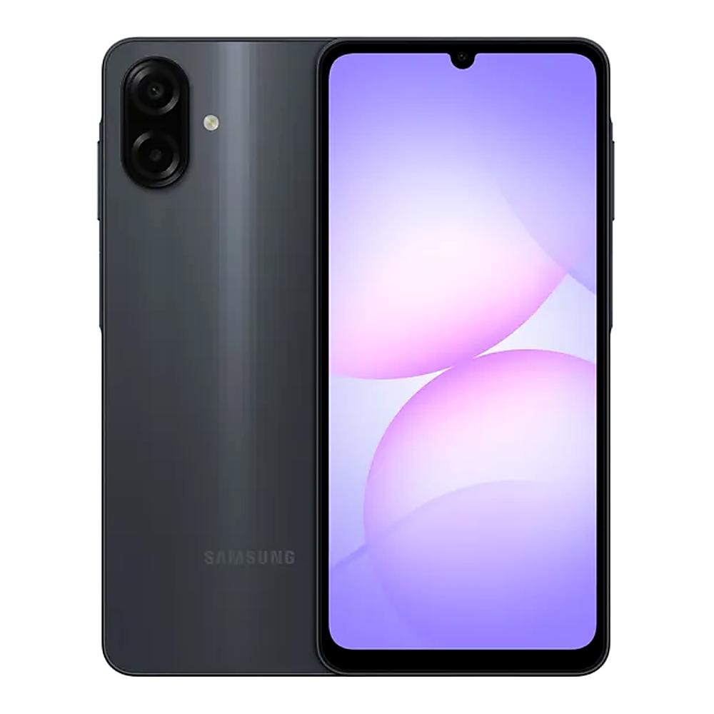 Telefono Samsung grigio scuro, vista frontale e posteriore. Lo schermo mostra sfere viola e rosa.
