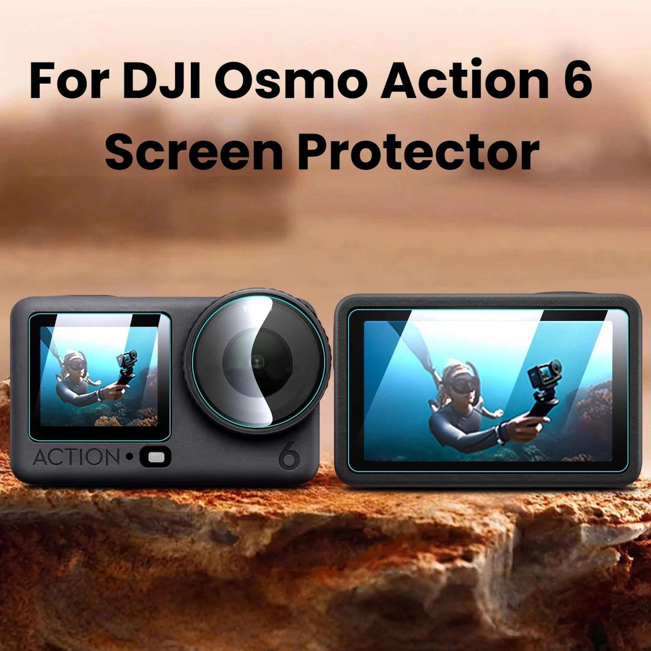 DJI Osmo Action 6 Kamera mit Displayschutz. Taucher auf dem Bildschirm.
