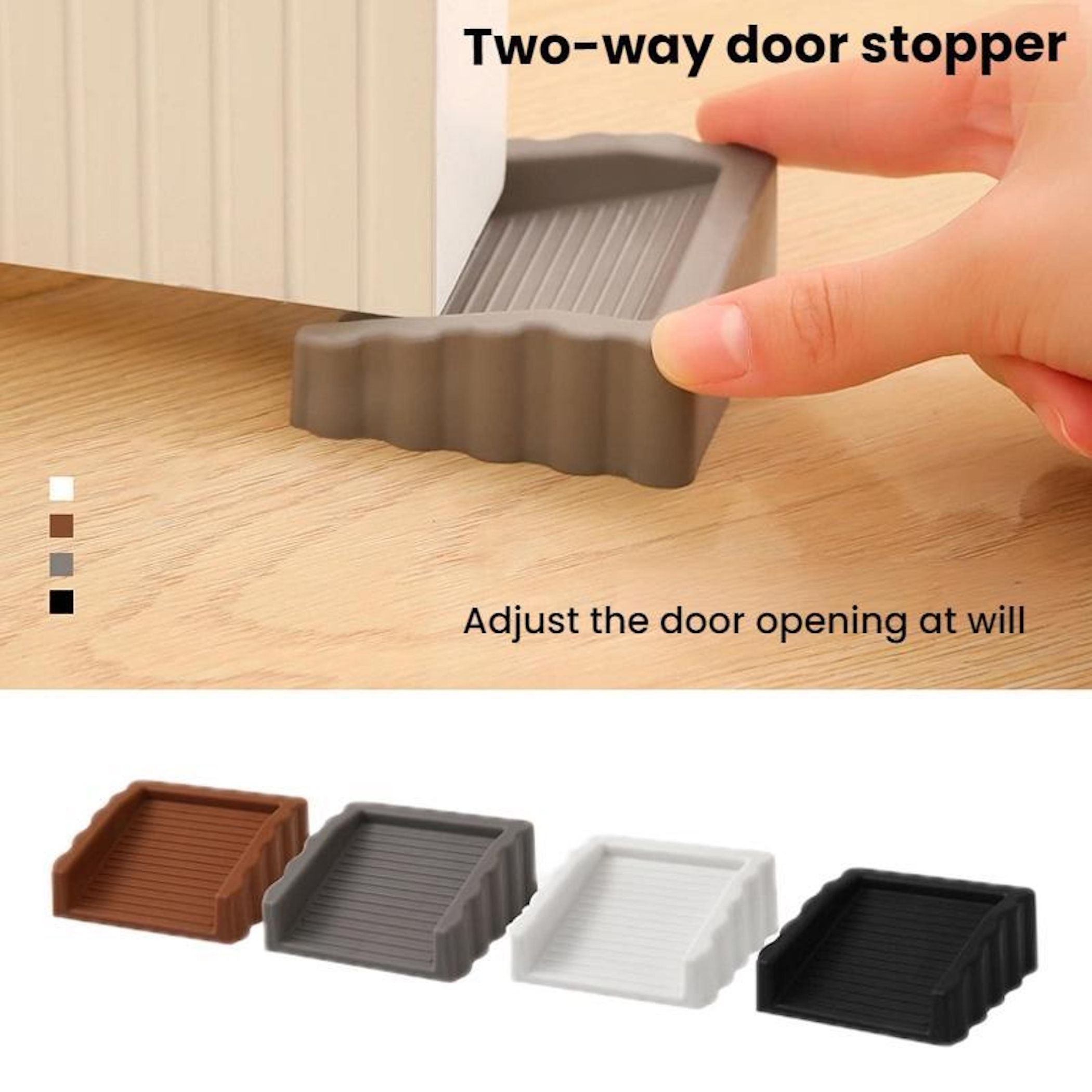 Fermaporta grigio con scanalature tra una porta e il pavimento.