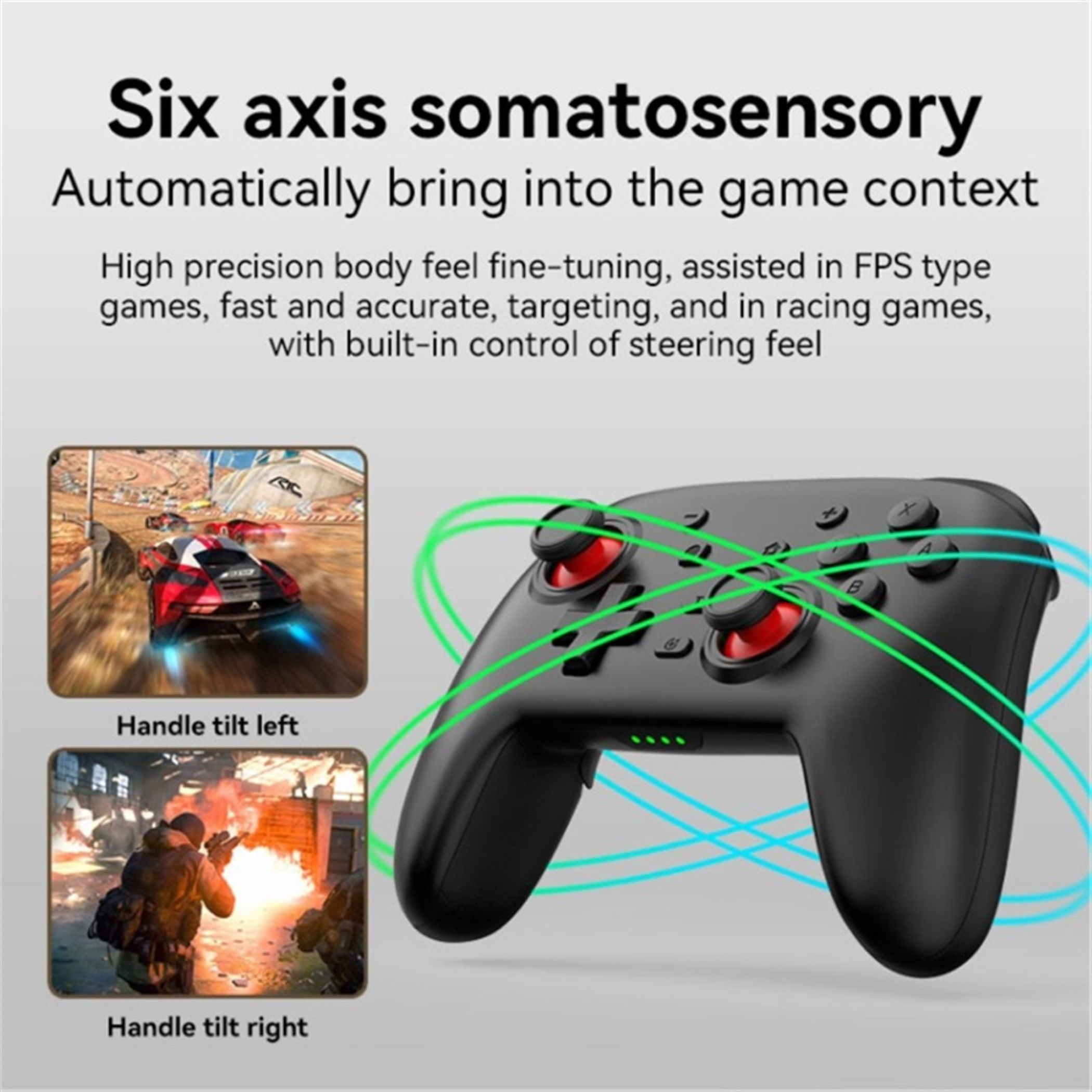 Schwarzer Controller mit grünen Linien, Rennspiel und Shooter-Szene daneben.