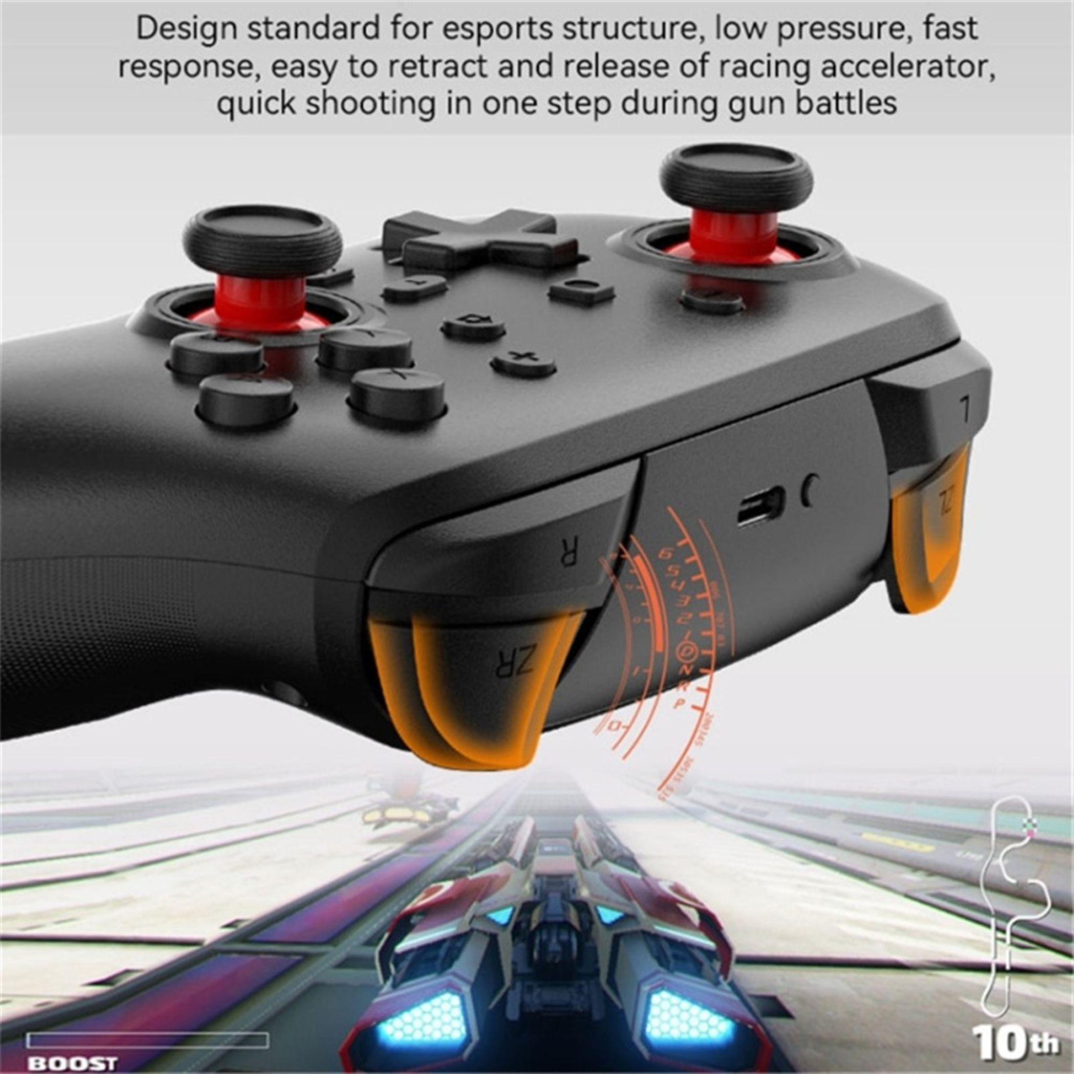 Ein schwarzer Controller mit roten Akzenten vor einem Rennspiel.