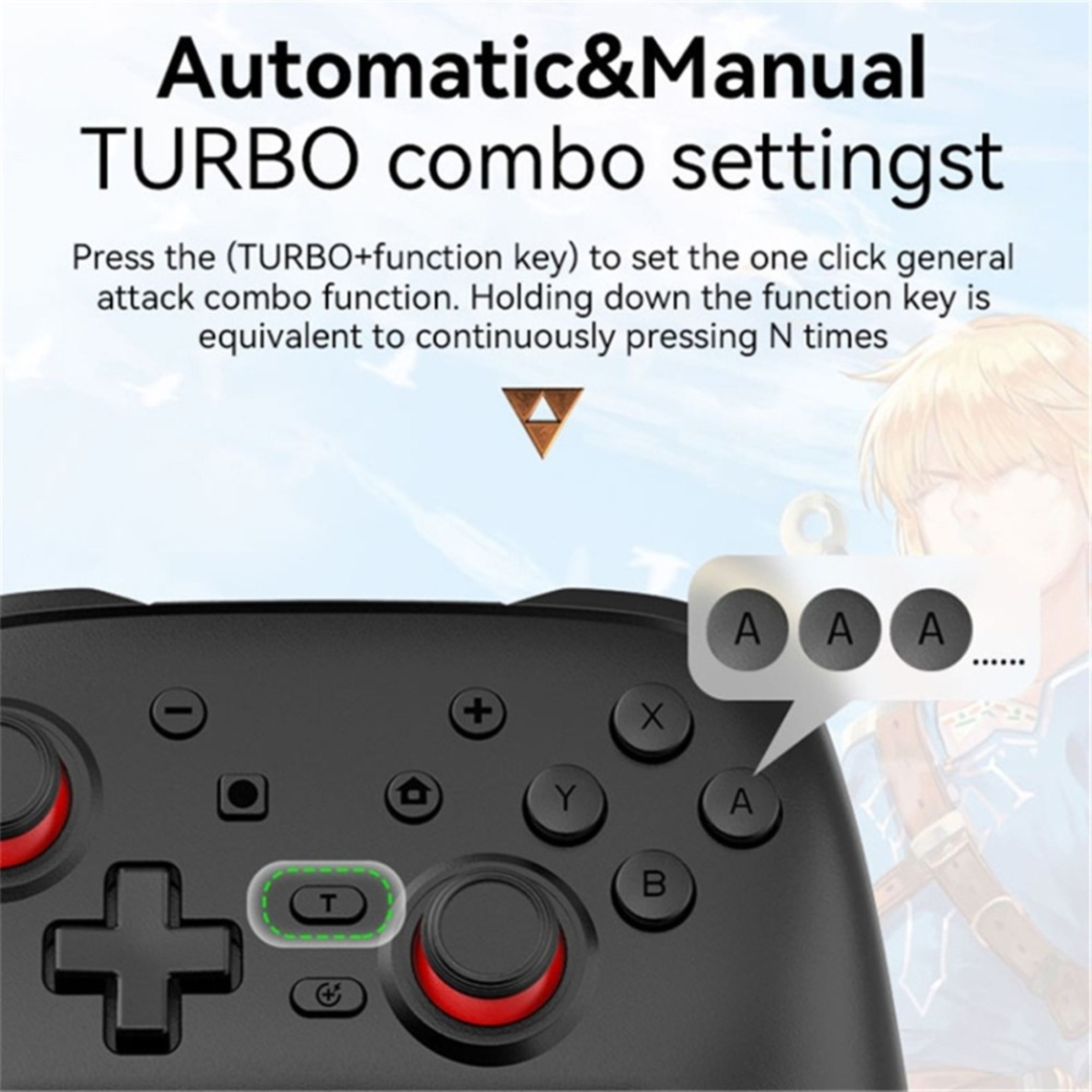 Schwarzer Controller mit Tasten A, B, X, Y und Steuerkreuz. Text mit Anleitung.