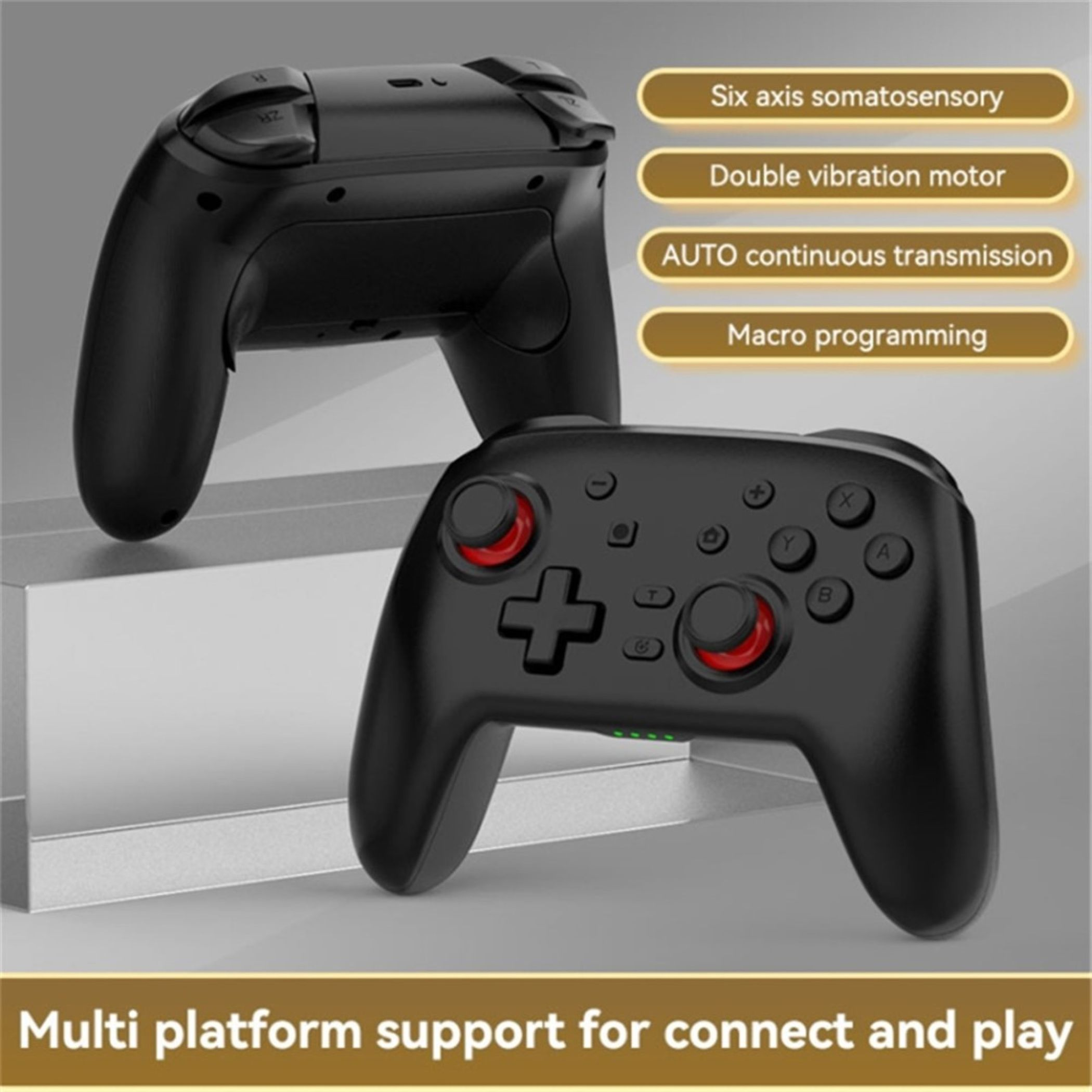 Zwei schwarze Controller mit roten Akzenten und Text-Overlays.