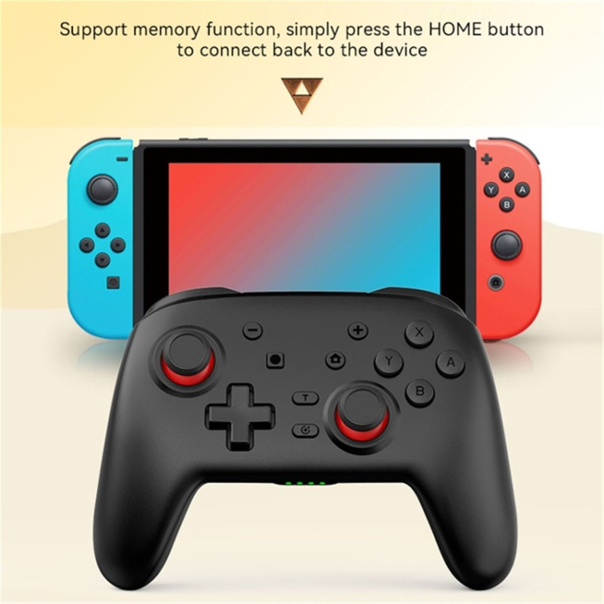 Eine schwarze Spielekonsole befindet sich vor einem Nintendo Switch mit blauen und roten Controllern.