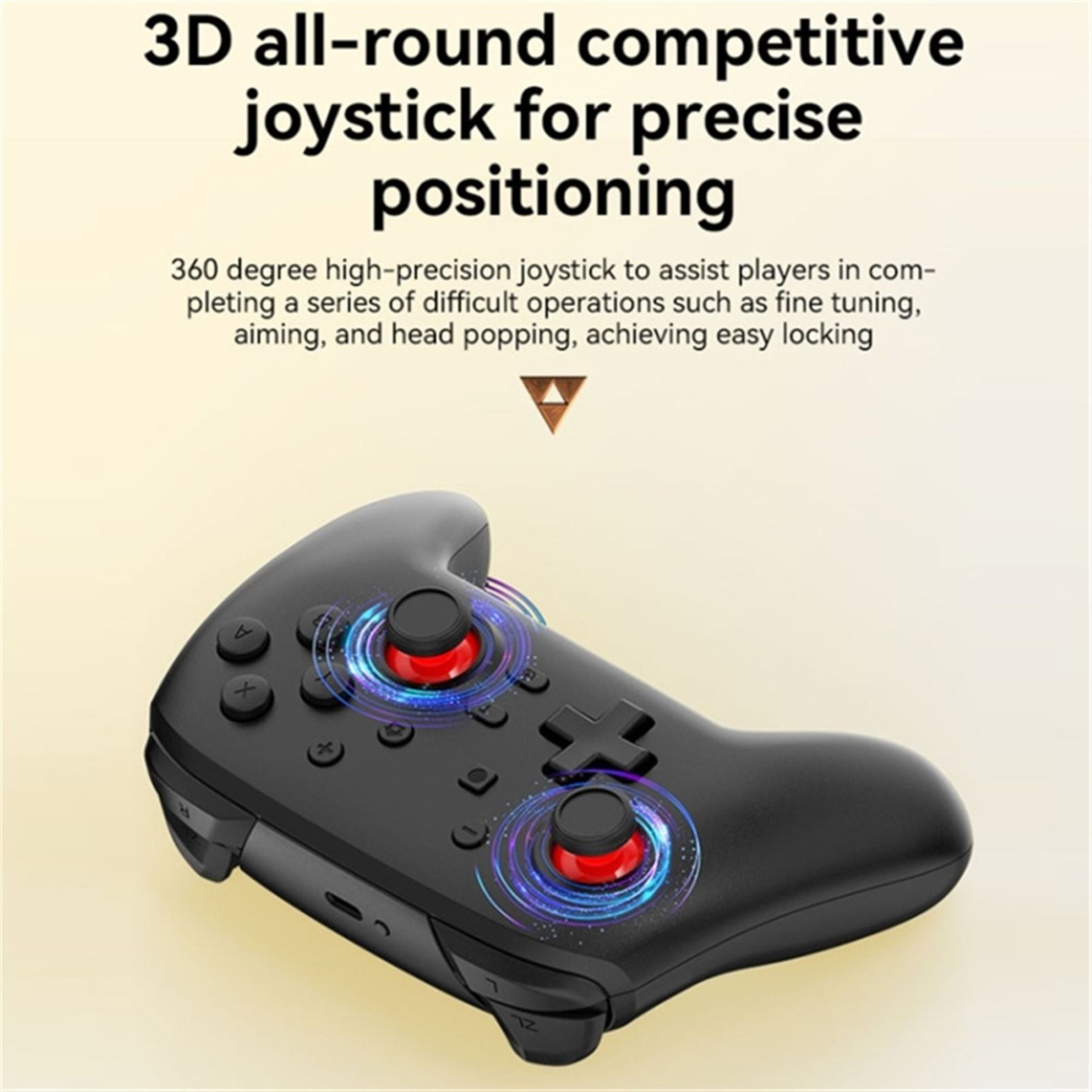 Schwarzer Gaming-Controller mit roten Joysticks und blauen Lichtern.
