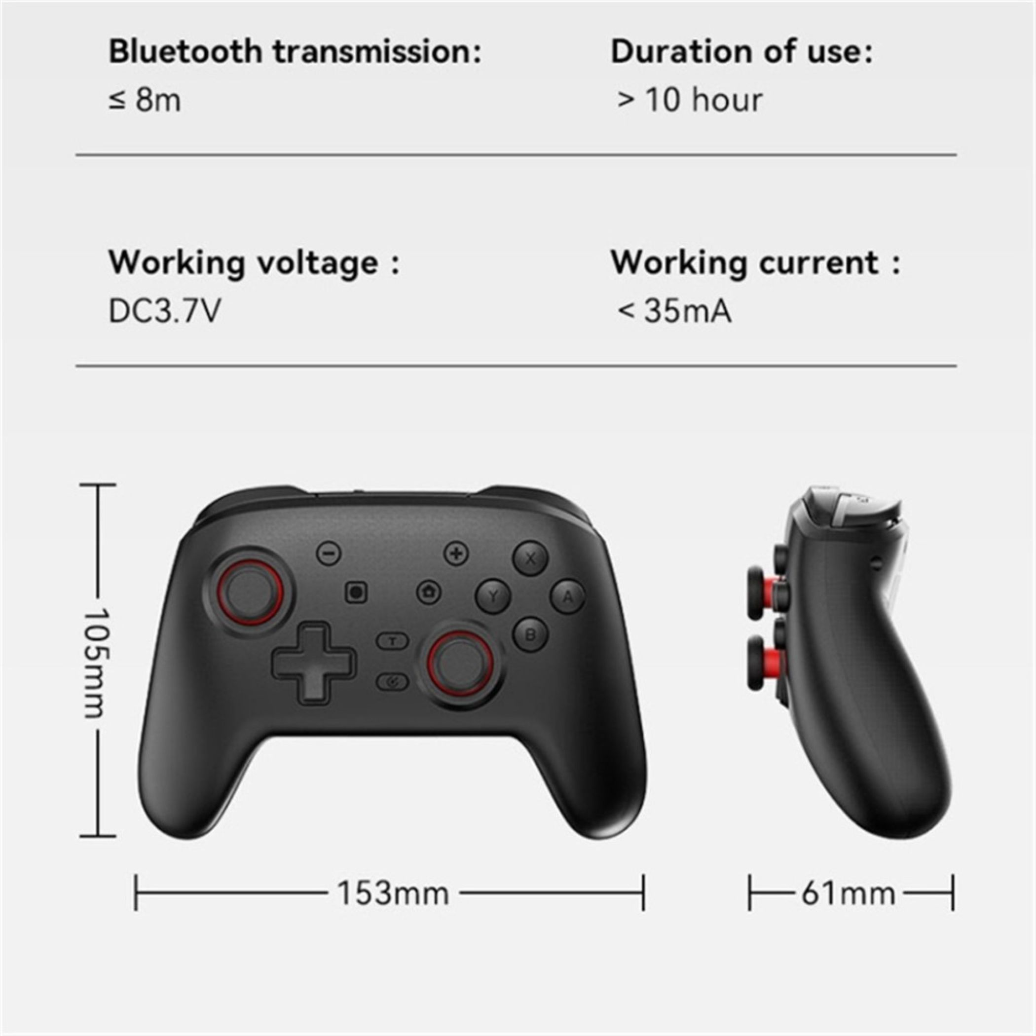 Schwarzer Gamecontroller mit Maßen 153x105x61mm, Bluetooth, 3,7V, 35mA.