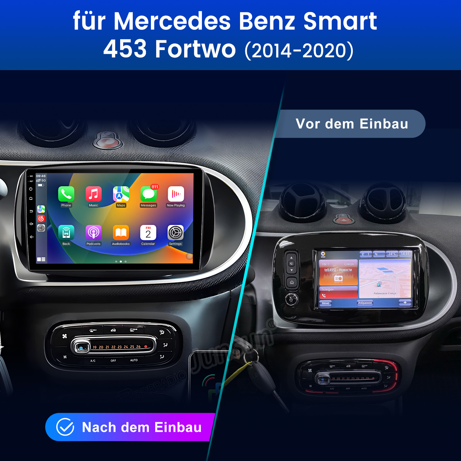 Vorher/Nachher Vergleich eines Smart Fortwo (2014-2020) Infotainmentsystems mit Apps und Navigation.