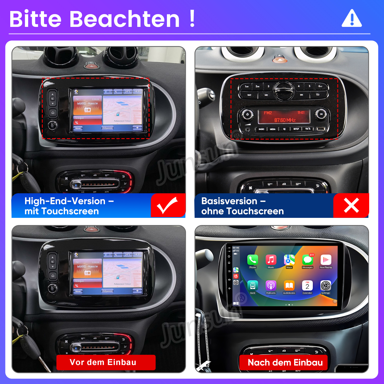 Vier Ansichten eines Autoradios: Touchscreen mit Navi, ohne Touchscreen, vor und nach Einbau.
