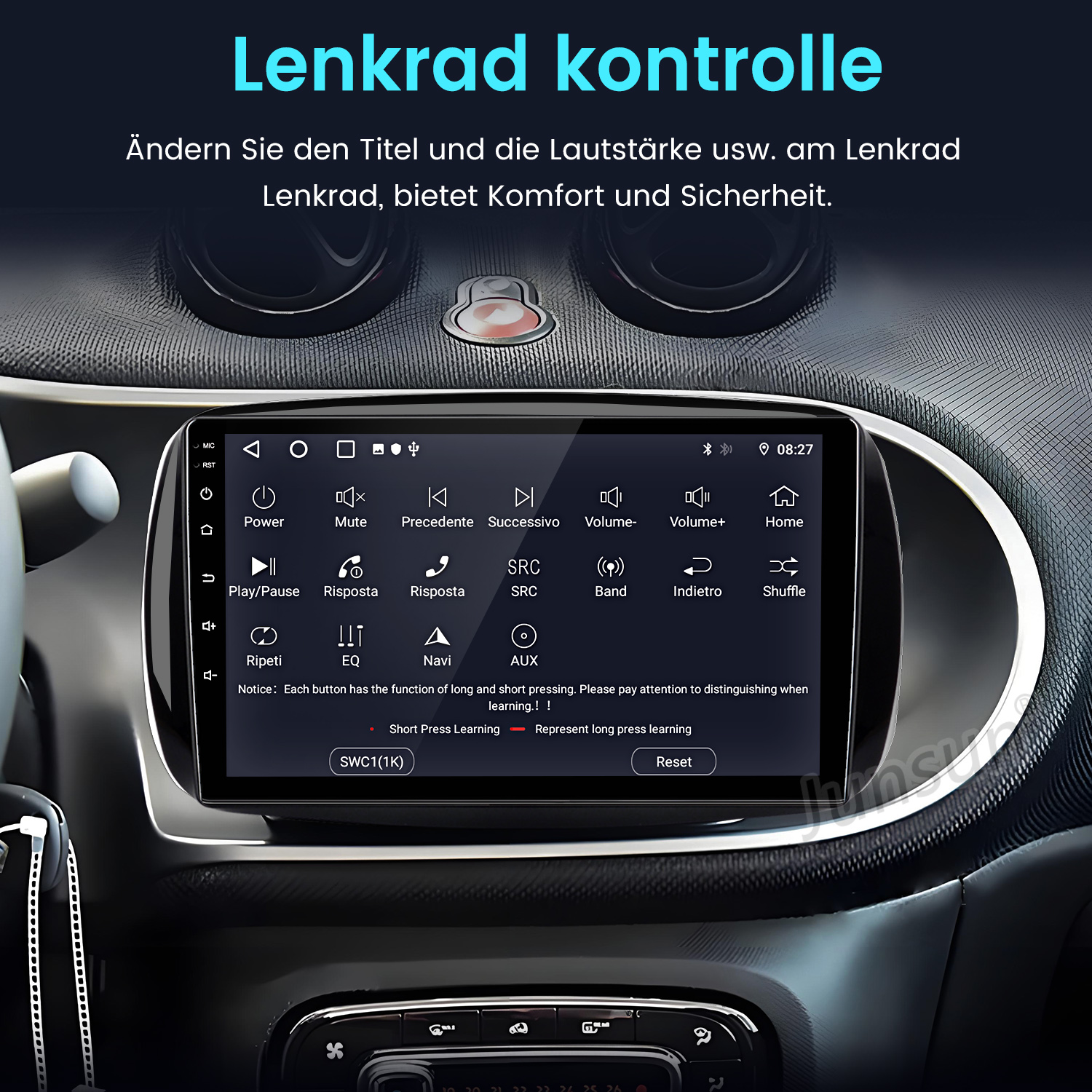 Autobildschirm zeigt Lenkradsteuerung mit Symbolen für Lautstärke, Play/Pause und Navigation.