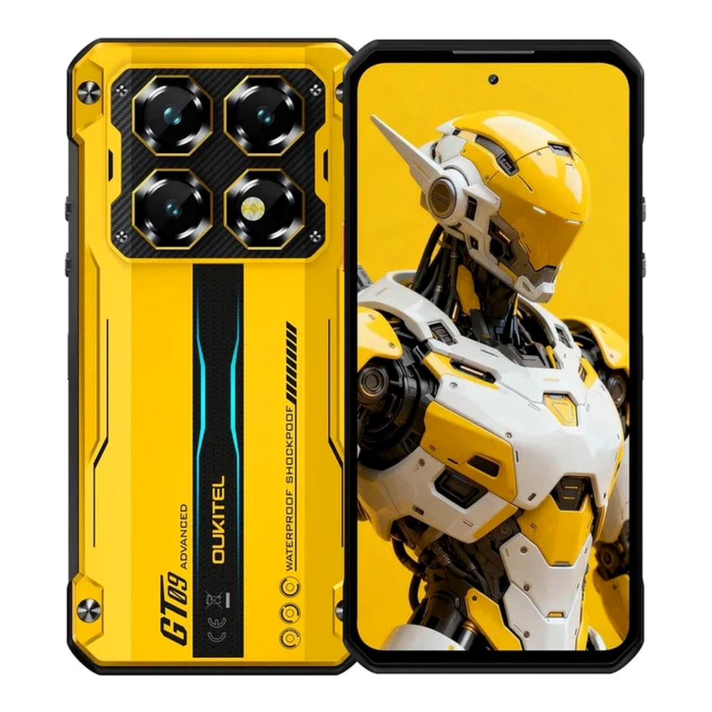 Smartphone giallo con quattro fotocamere e un robot sullo schermo.