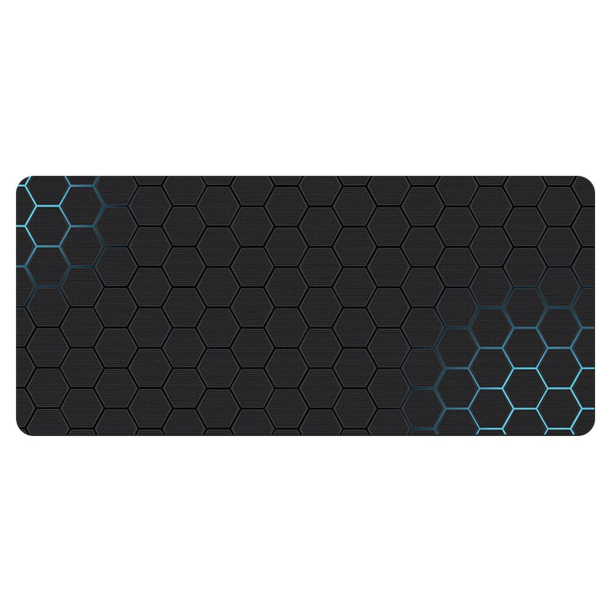 Schwarze Matte mit sechseckigem Muster und blauen Akzenten.