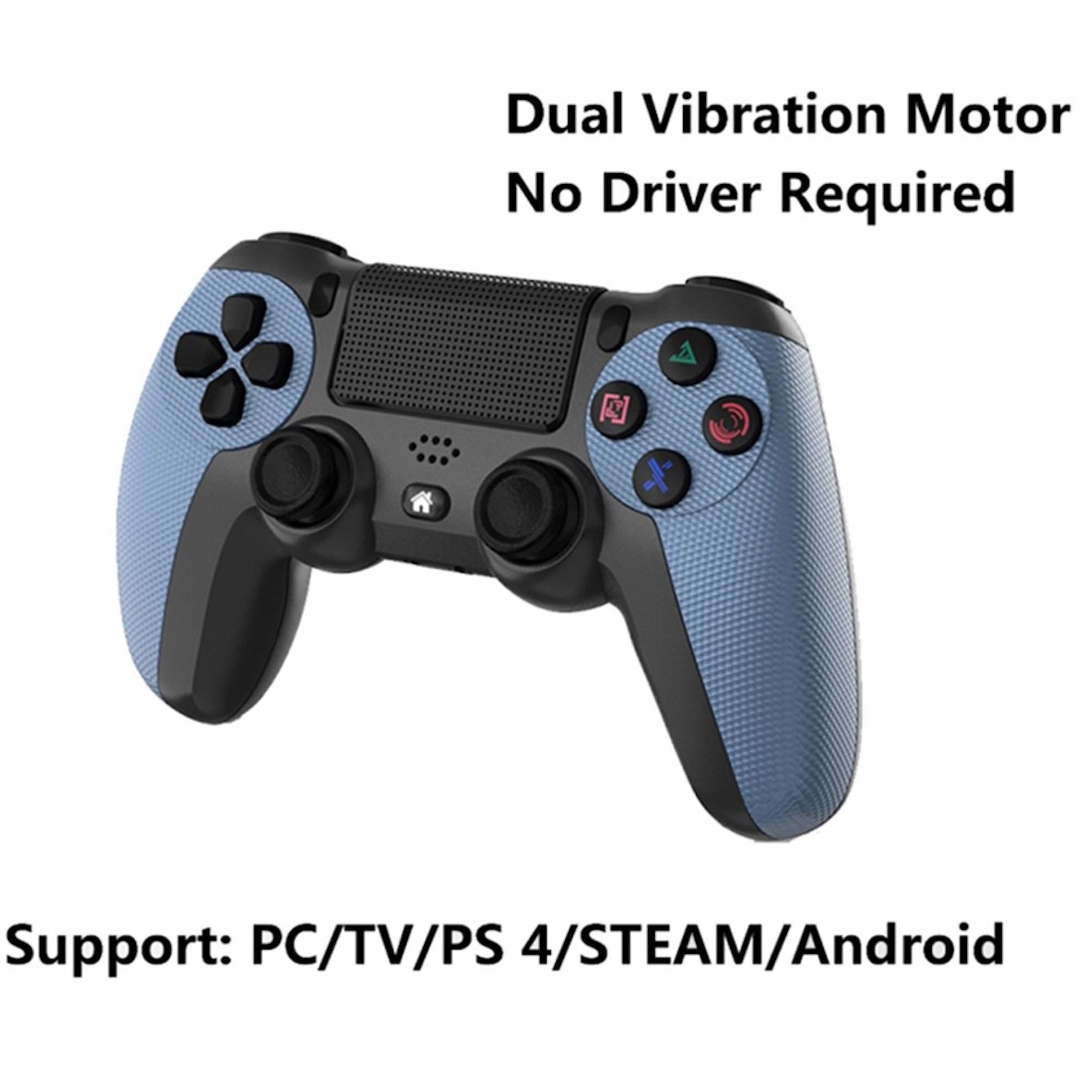 Ein blauer Gamecontroller mit schwarzen Tasten und Analogsticks.