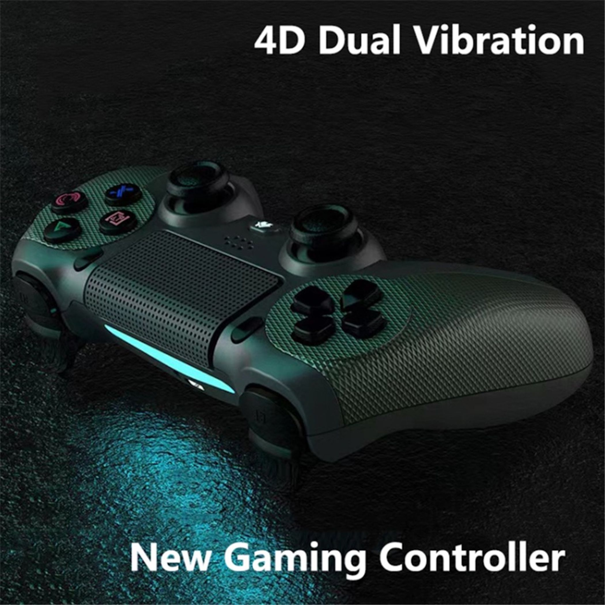 Ein schwarzer Gaming-Controller mit blauen Lichtern und Text.