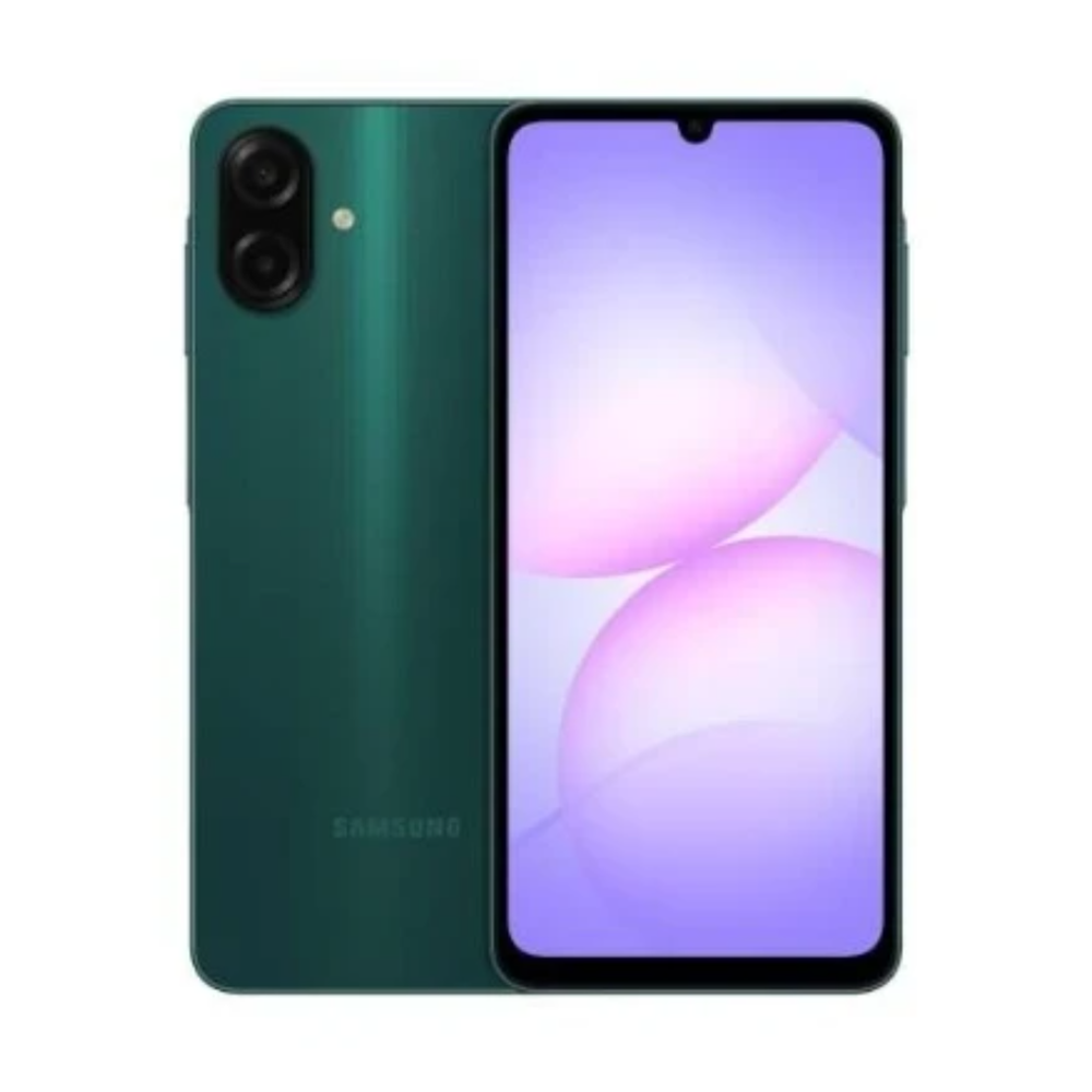 Uno smartphone Samsung verde con doppia fotocamera posteriore e display.