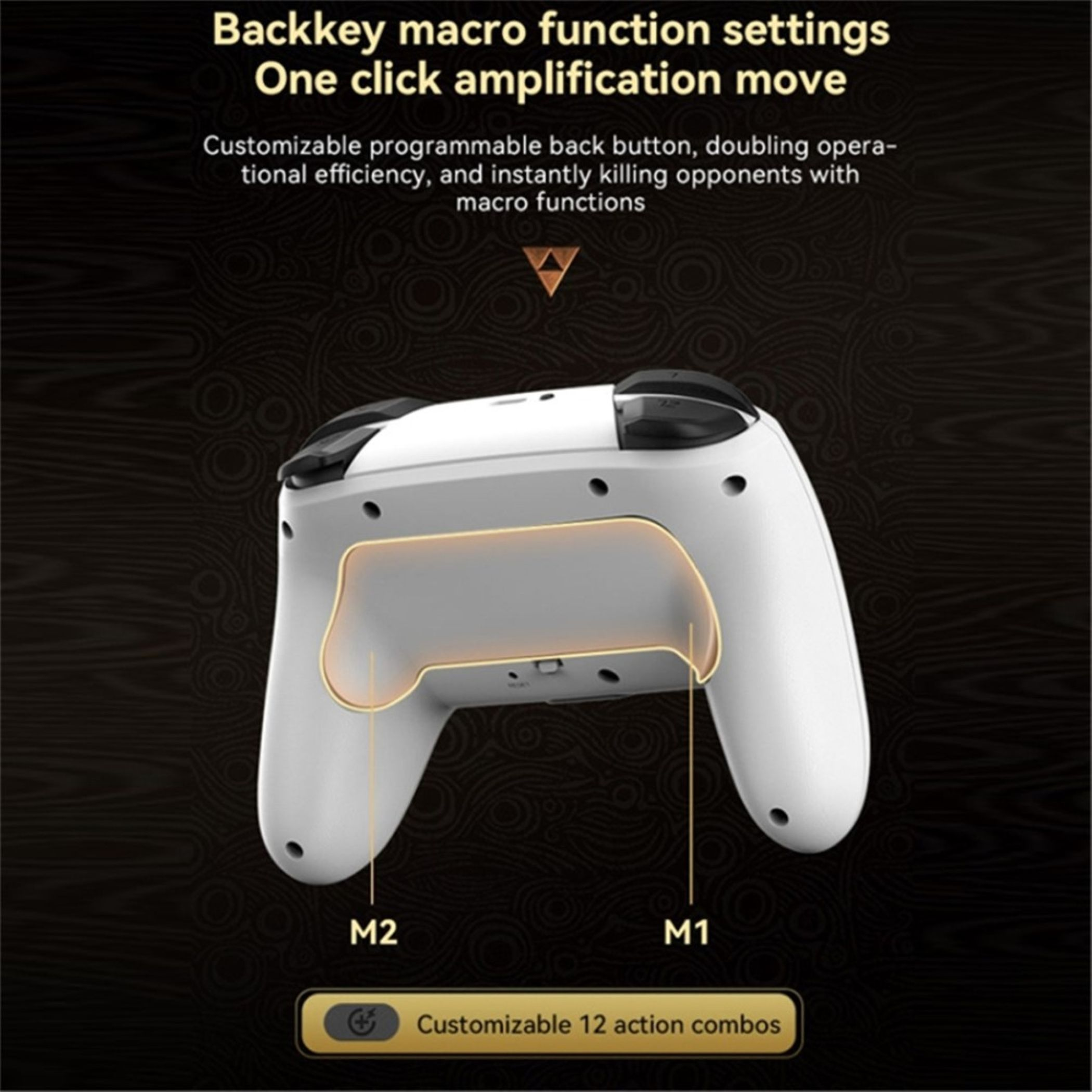Ein weißer Gaming-Controller mit beschrifteten Tasten M1 und M2.