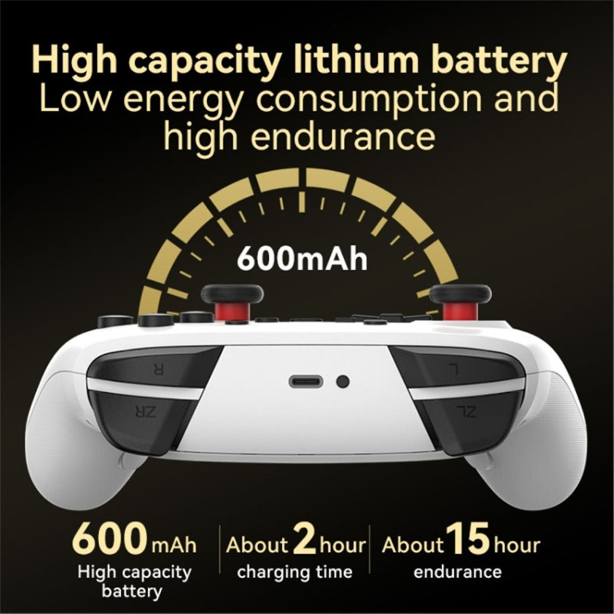 Ein weißer Controller mit 600 mAh Akku, 2 Std Ladezeit und 15 Std Laufzeit.