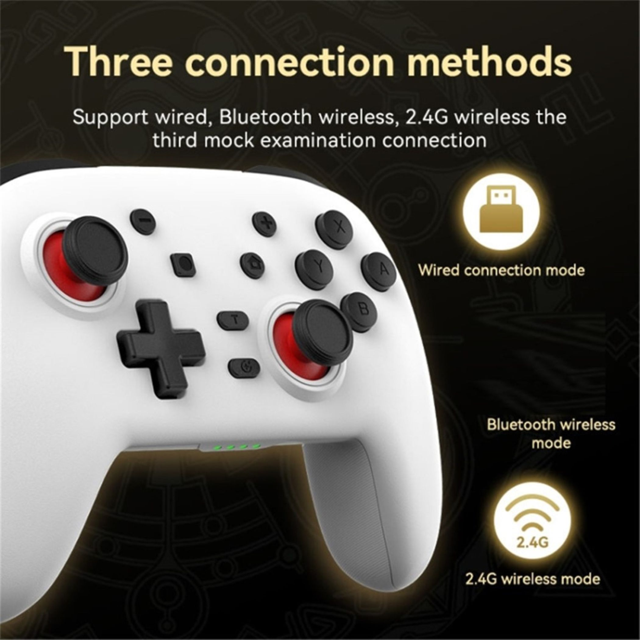Ein weißer Controller mit roten und schwarzen Knöpfen, der drei Verbindungsmodi anzeigt.