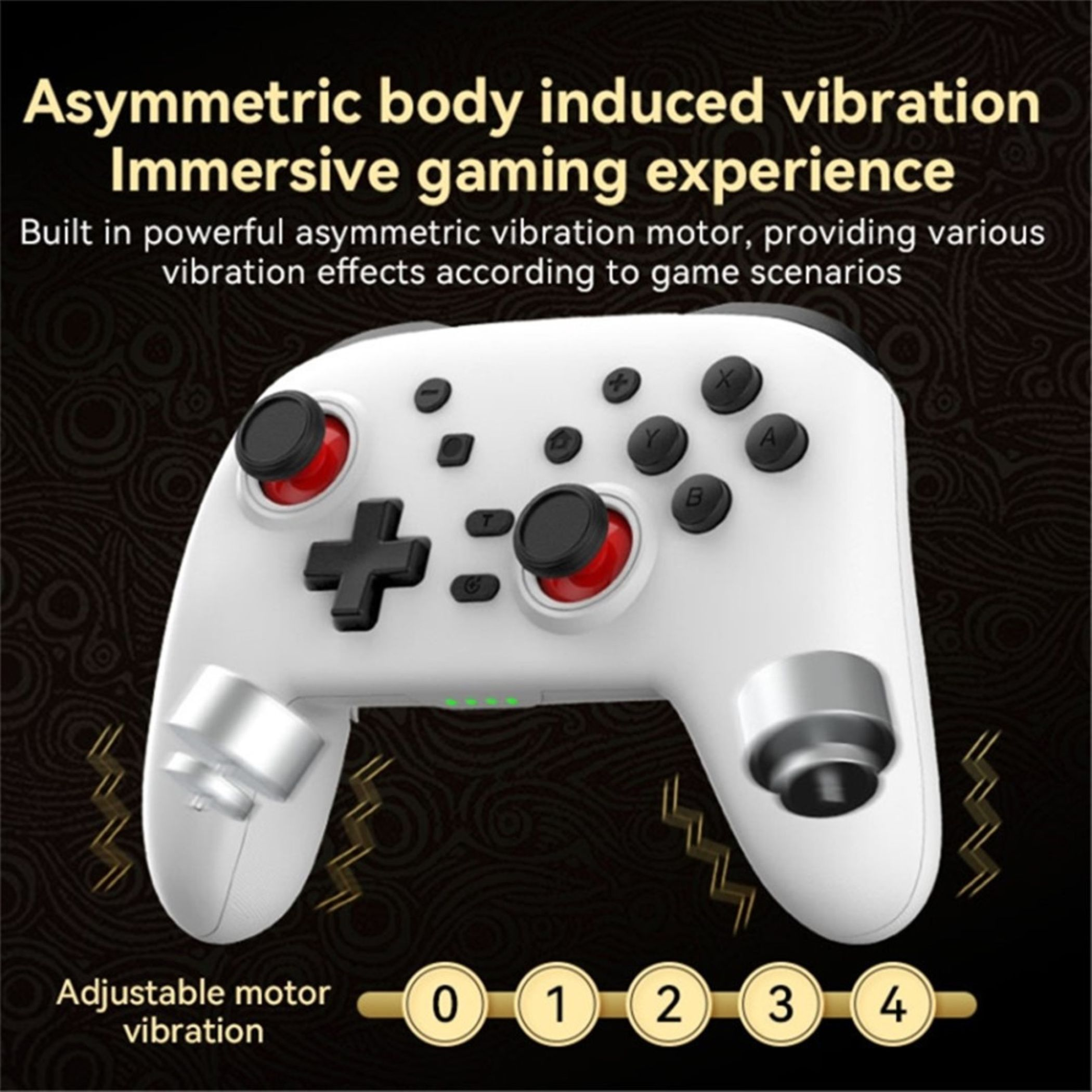 Weiße Gaming-Controller mit Tasten, Joysticks und einstellbarer Vibrationsfunktion.