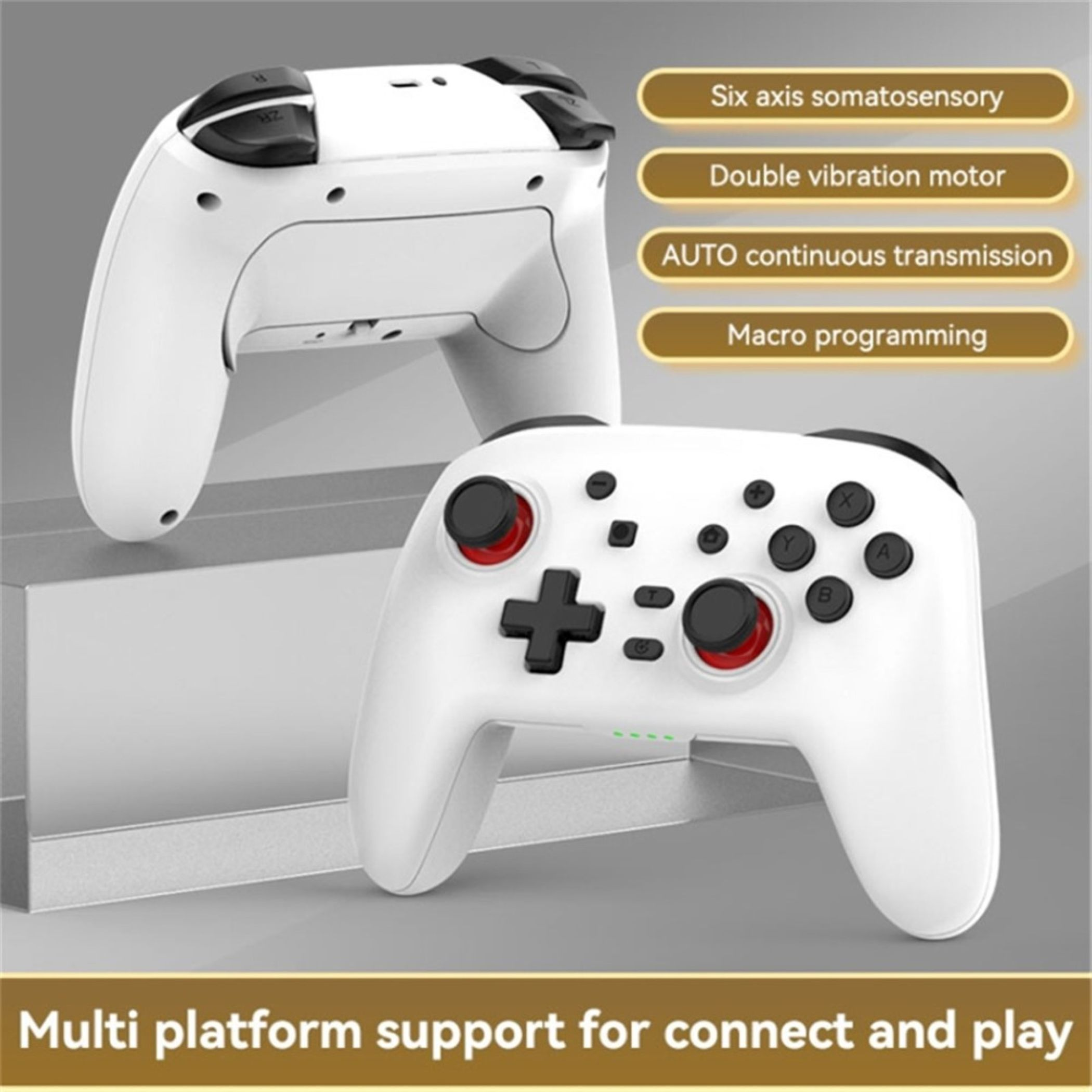 Zwei weiße Controller mit roten Akzenten, Funktionen aufgeführt.