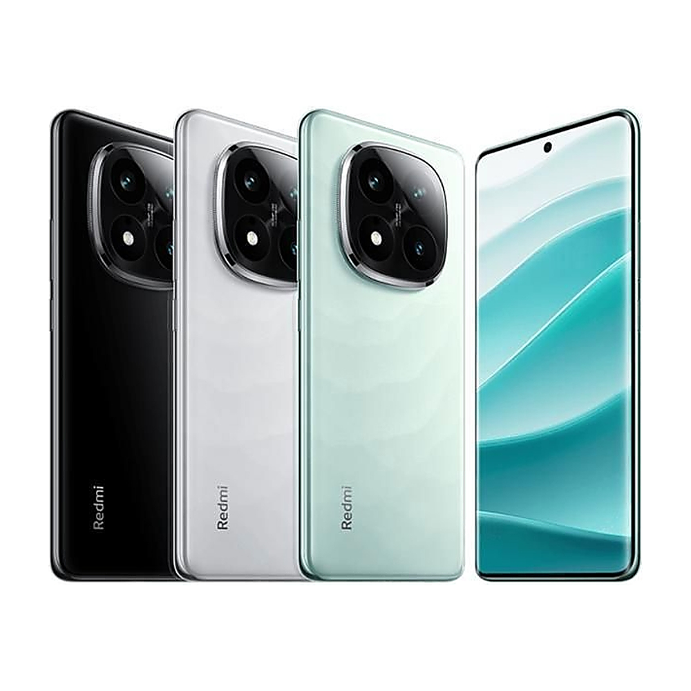 Tre smartphone Redmi neri, bianchi e verde menta, con array di fotocamere posteriori.