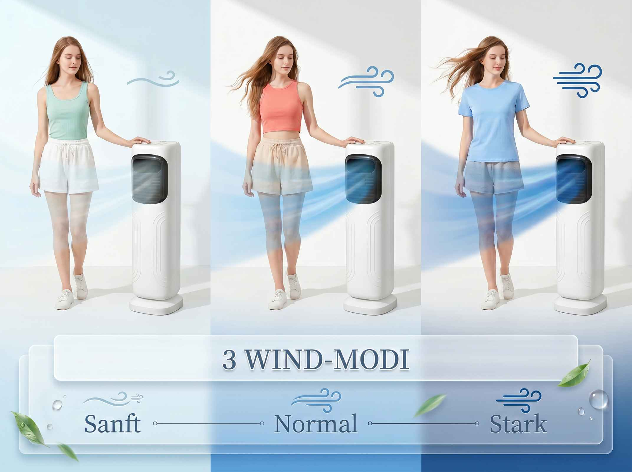 Drei Frauen vor einem Luftkühler mit verschiedenen Windstärken: Sanft, Normal, Stark.