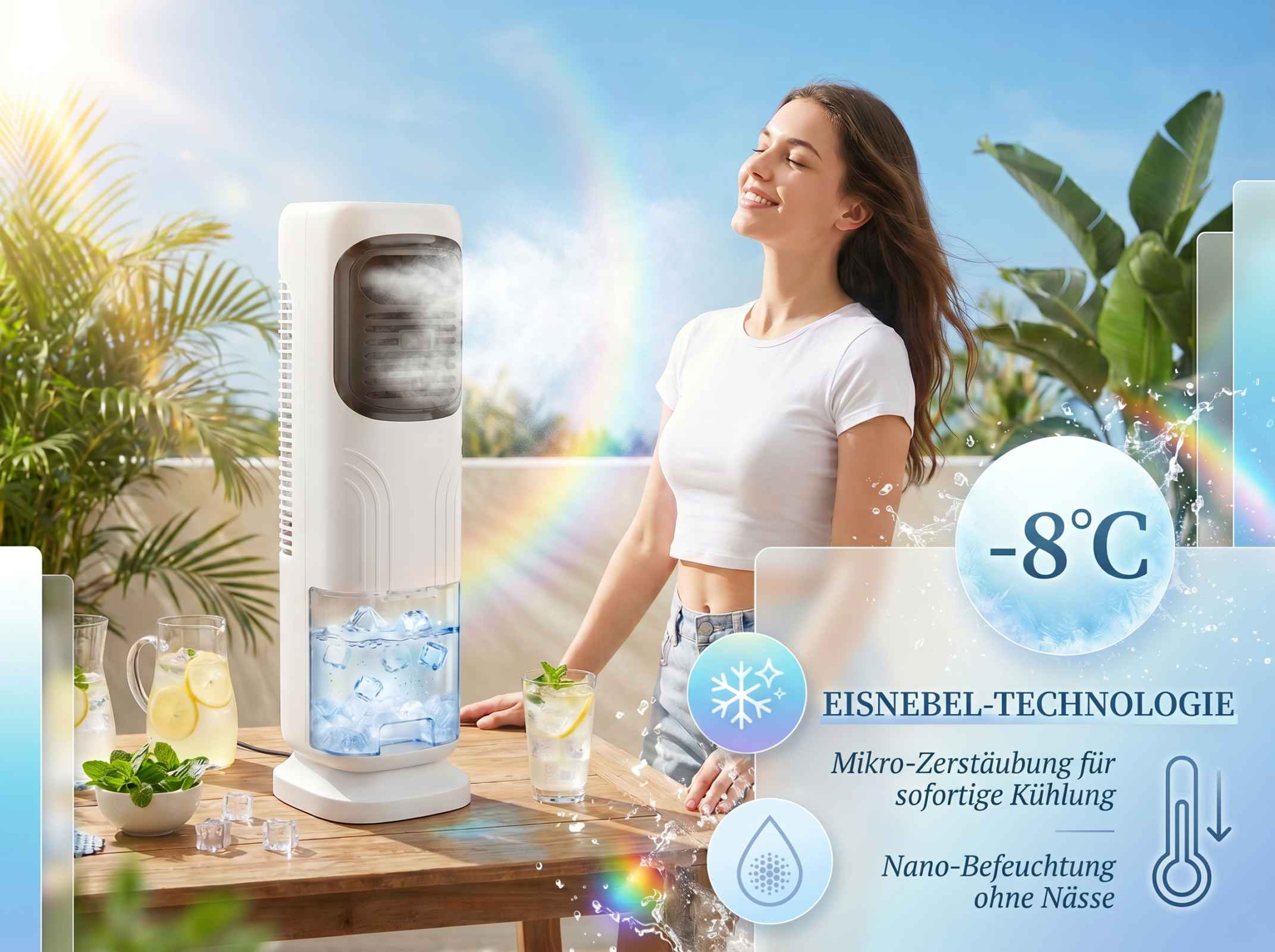 Eine Frau genießt die kühle Brise eines tragbaren Kühlers an einem sonnigen Tag.