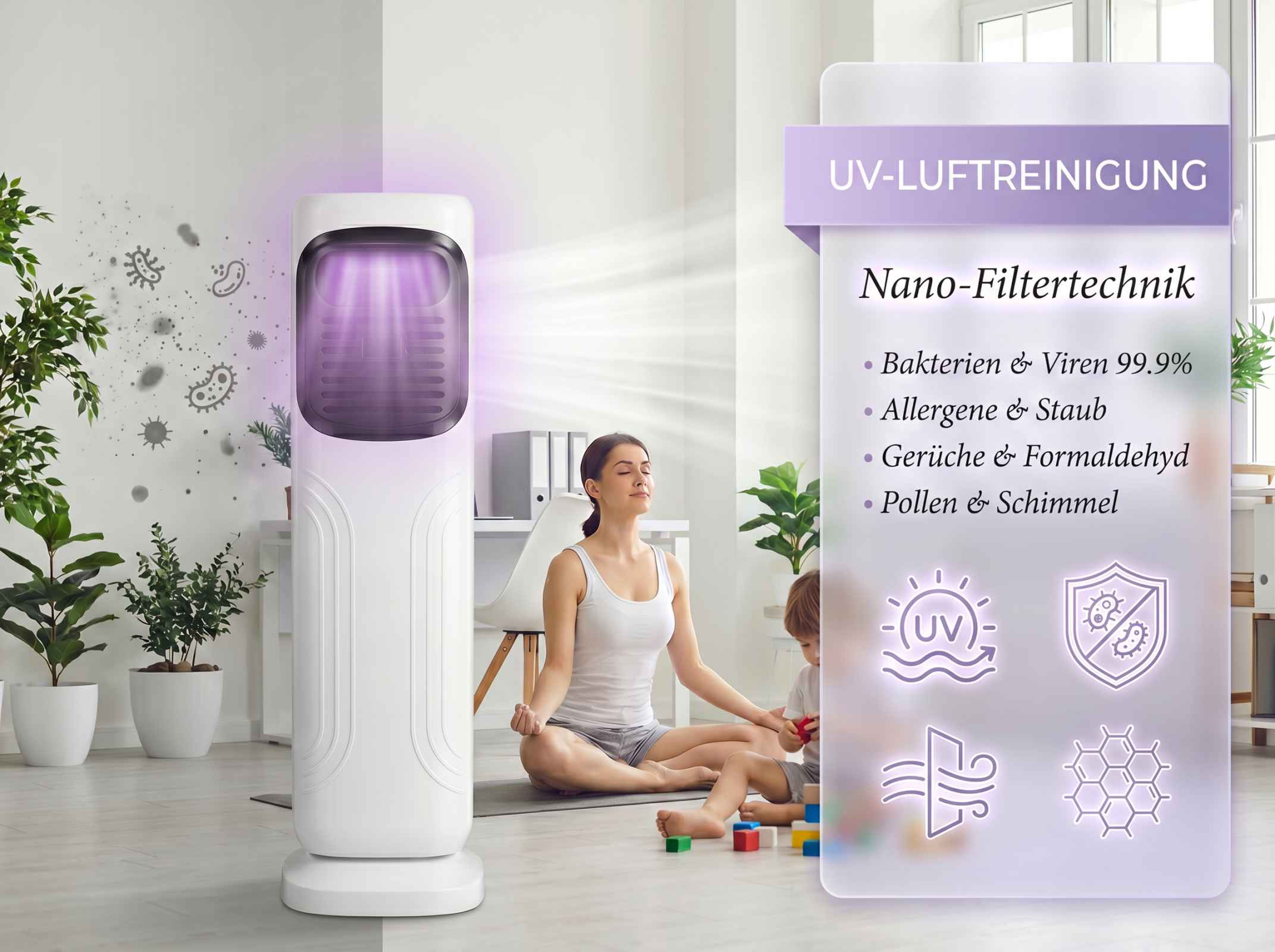 Ein weißer Luftreiniger mit UV-Licht in einem Raum mit einer Frau und einem Kind.