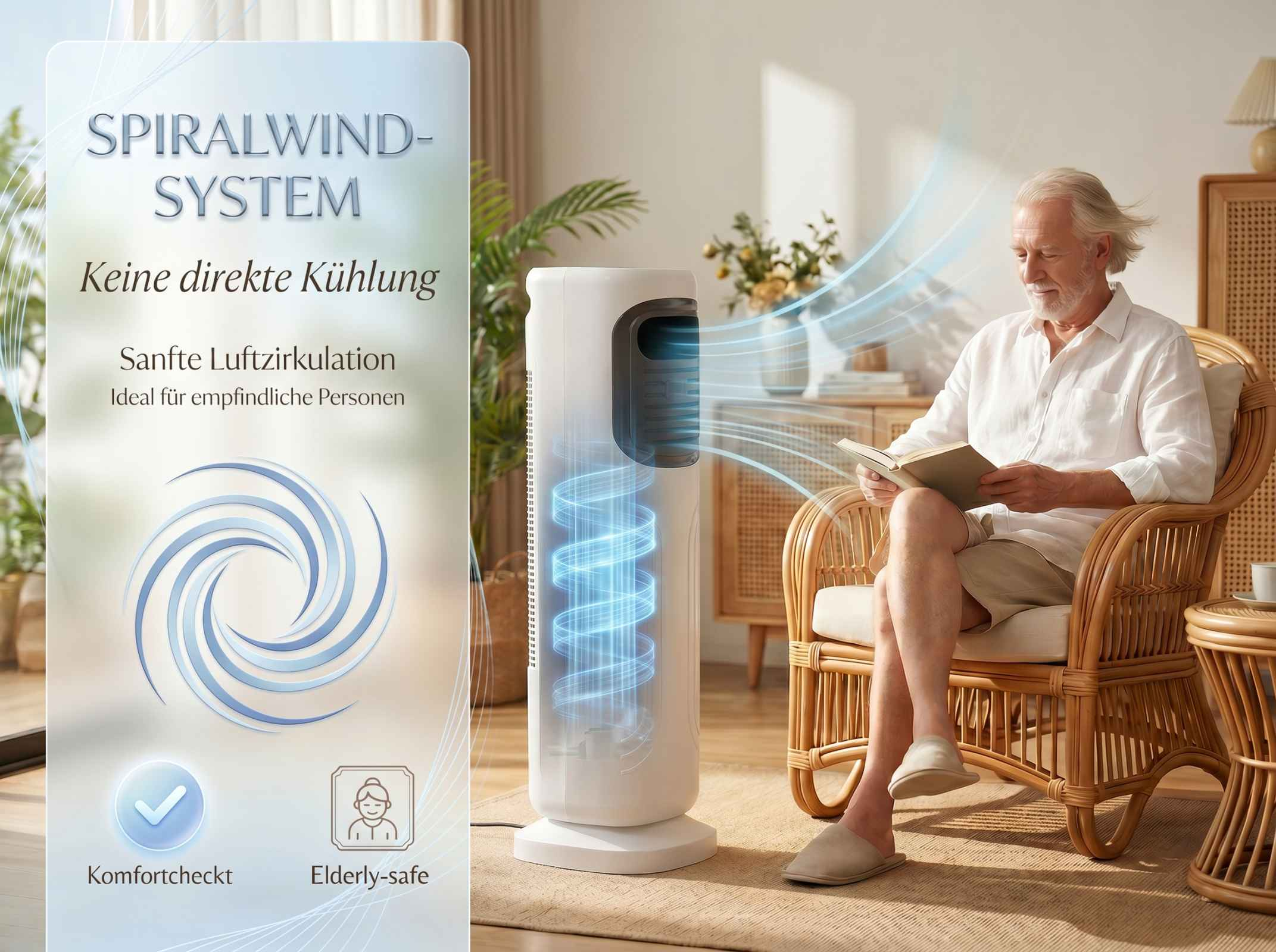 Ein Mann liest ein Buch in einem Sessel, ein Ventilator erzeugt Luftzirkulation.