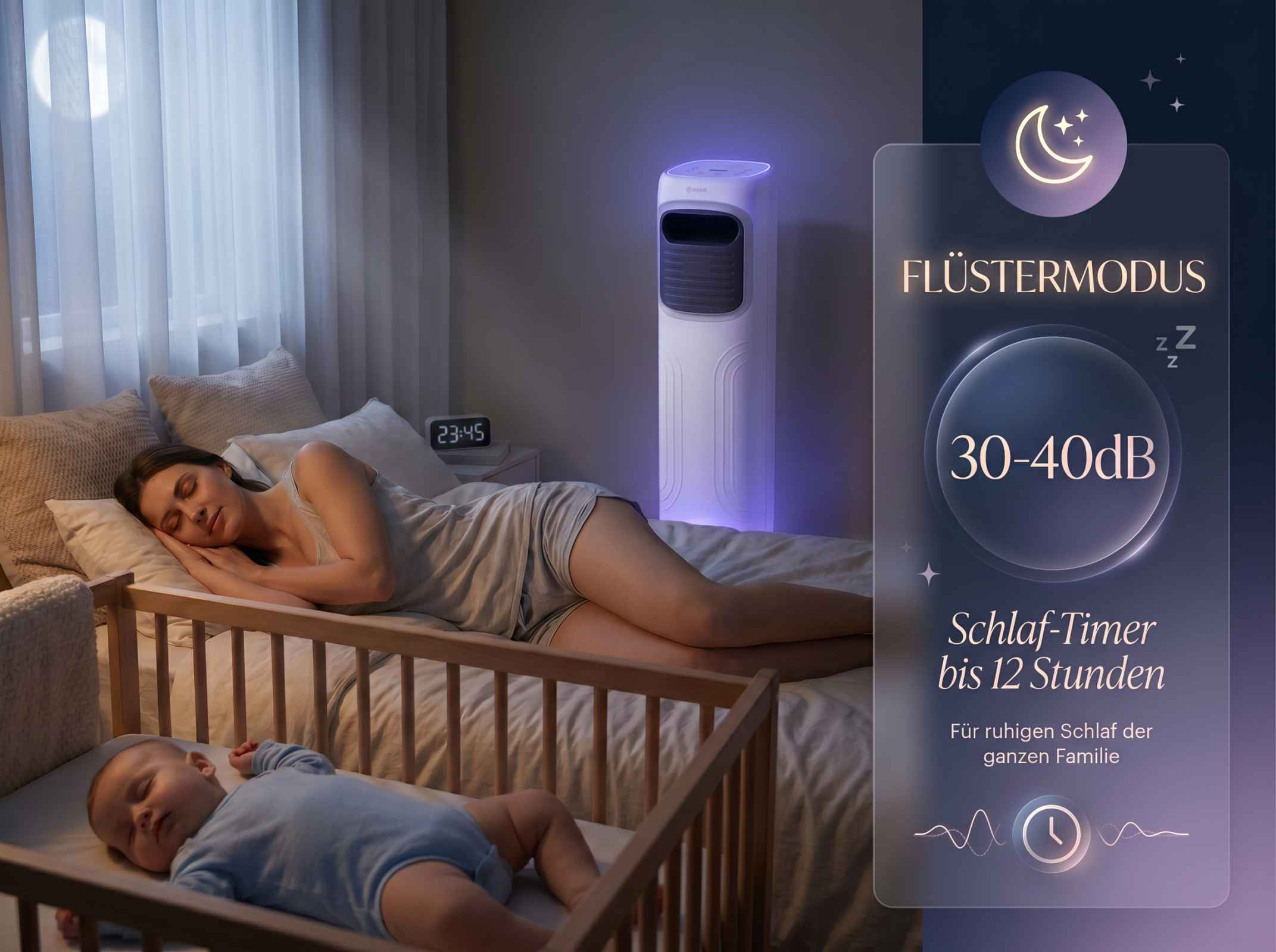 Eine Frau und ein Baby schlafen im Bett, ein Luftkühler steht im Hintergrund.